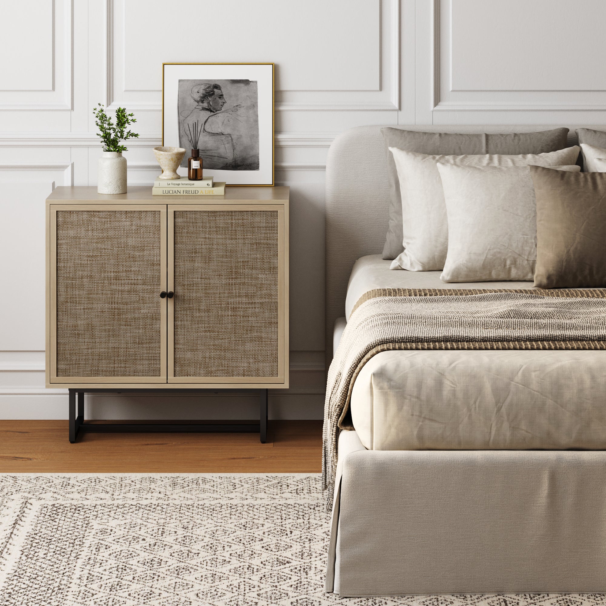 Boho Kova Rattan Wood Light Oak Cabinet Metal Base | Nathan James