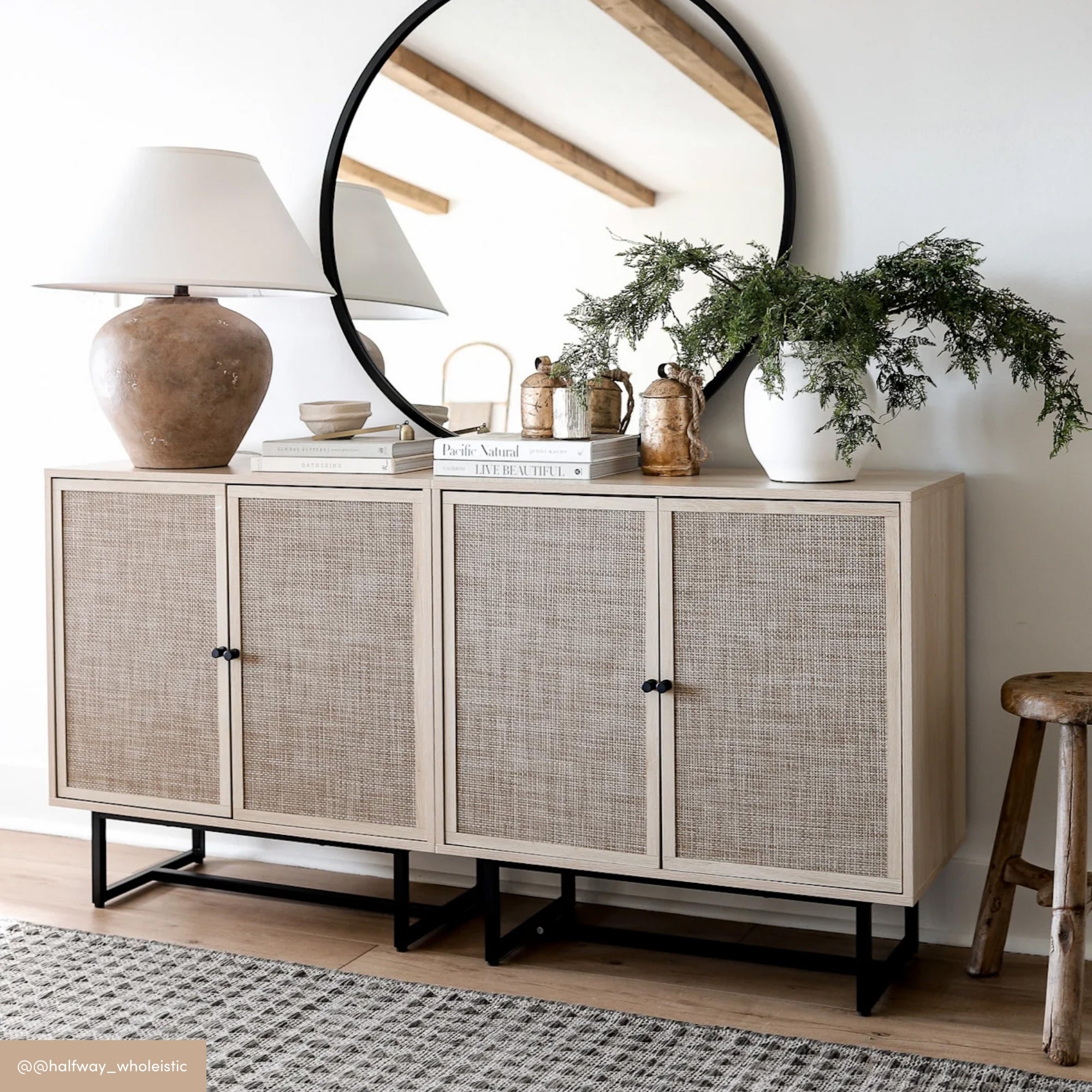 Boho Kova Rattan Wood Light Oak Cabinet Metal Base | Nathan James