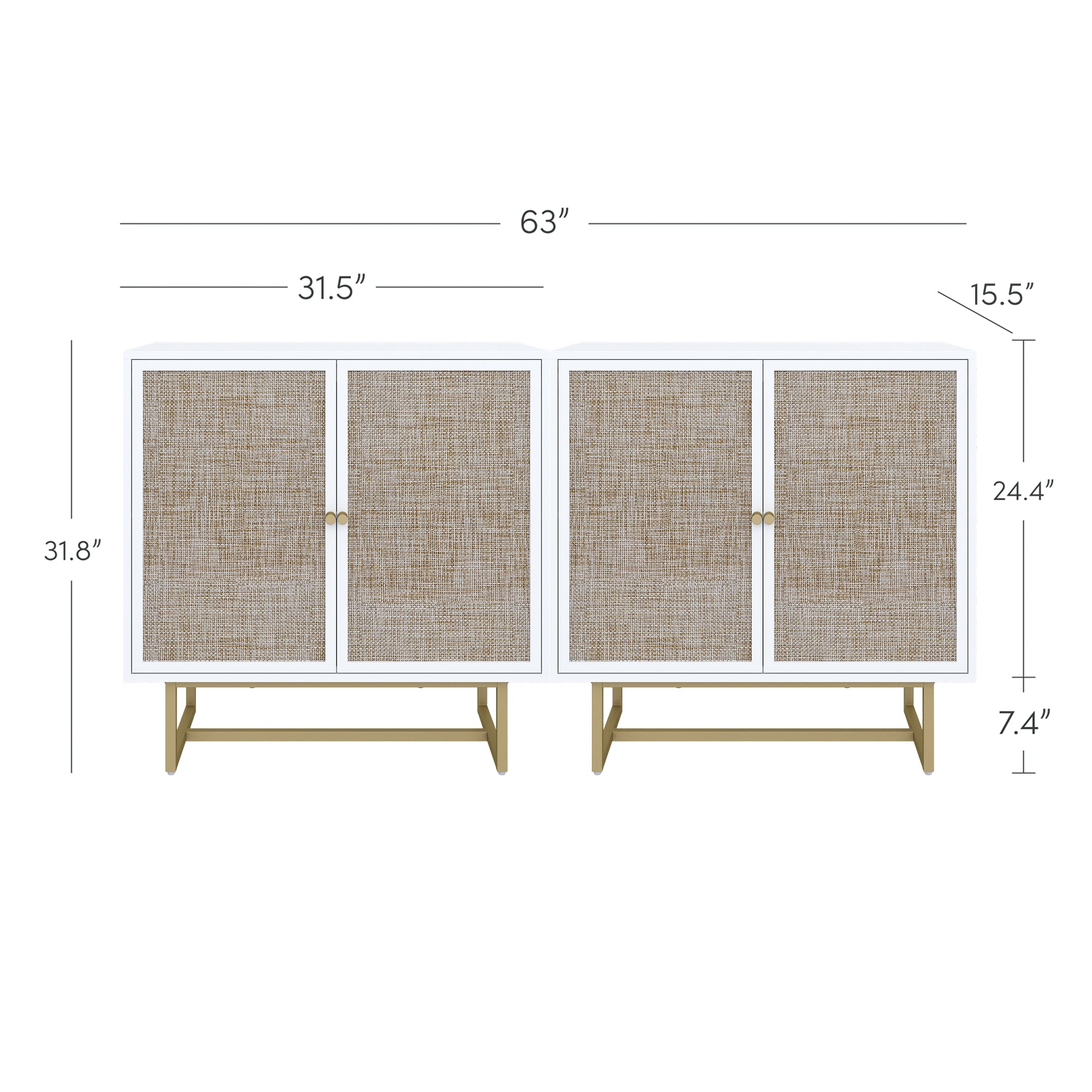 Cabinet with two double doors, woven rattan fronts, and gold legs. Total width is 63 inches, height is 31.8 inches, depth is 15.5 inches. Door sections are 31.5 inches wide each; leg height is 7.4 inches.