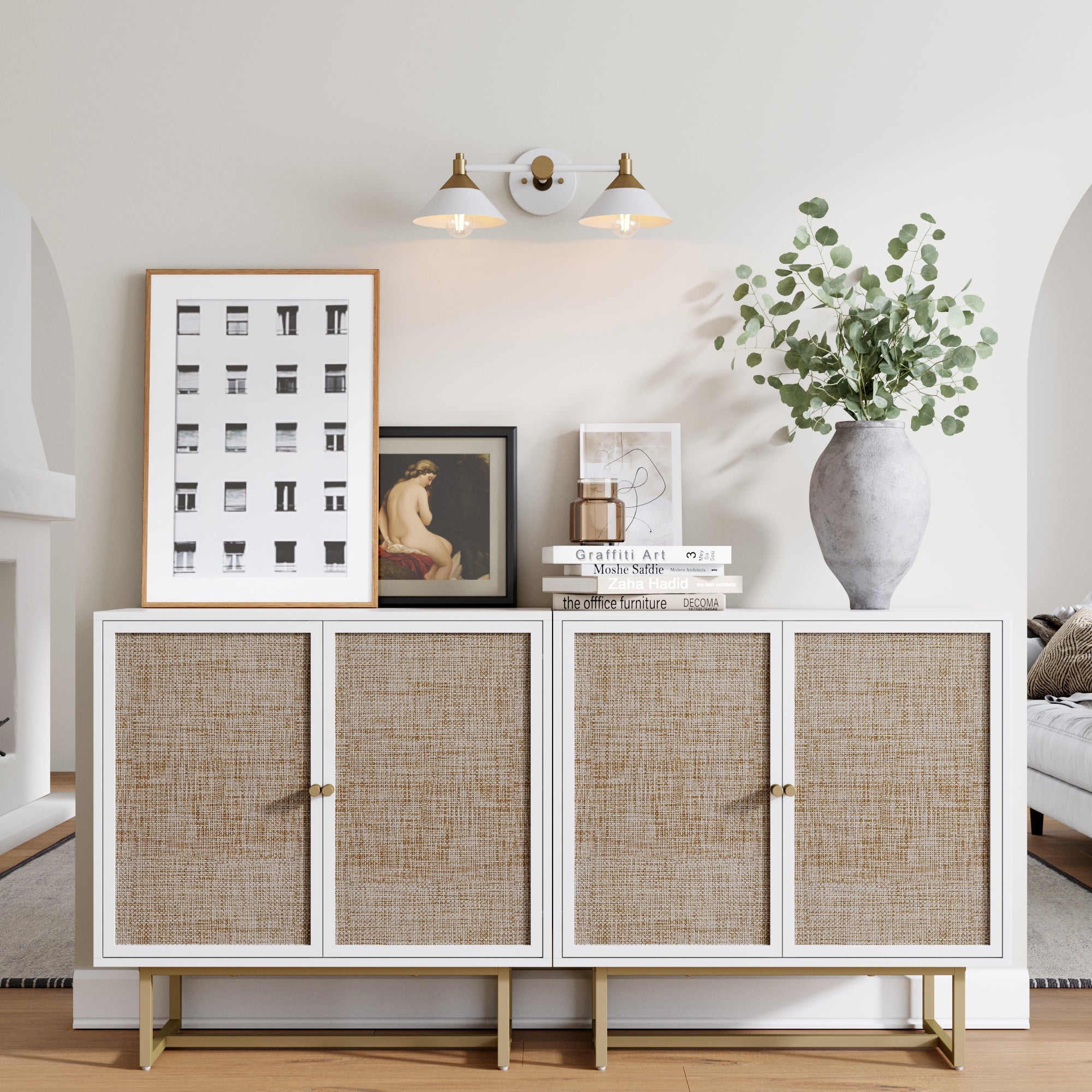 Wood & Rattan Console Table White