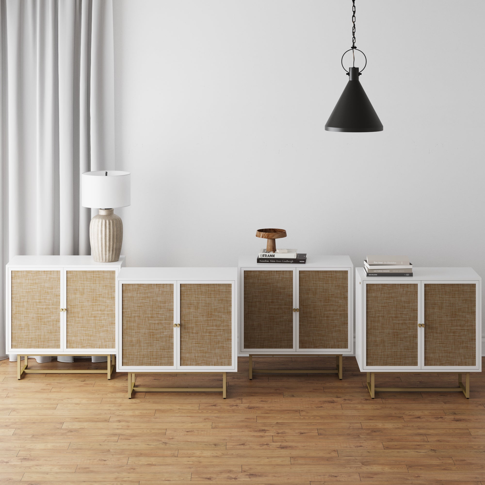 Large Rattan Credenza Console Table White (Set of 4)