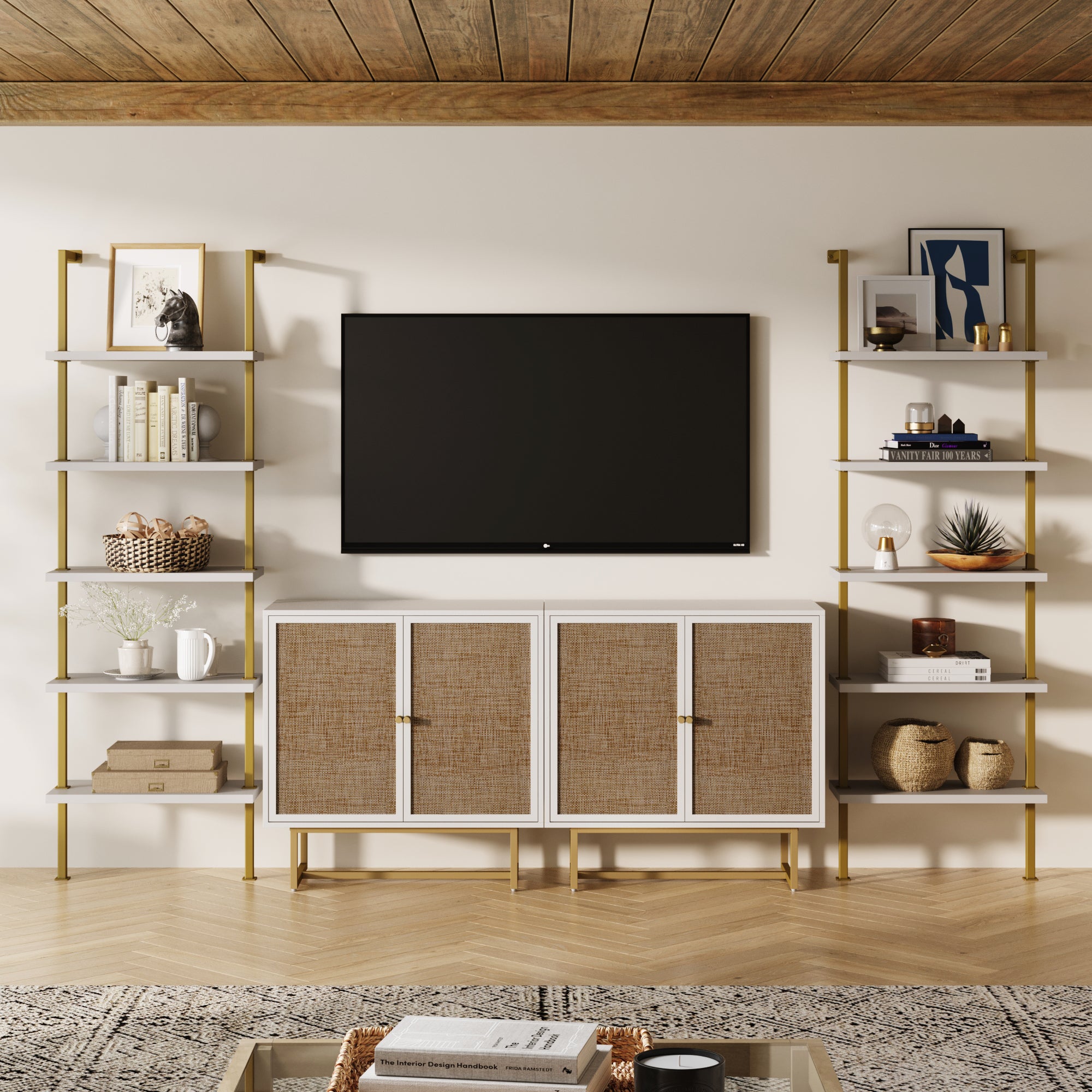 Modern Metal and Wood TV Entertainment Center with Bookcase (2 Cabinets) - Nathan James