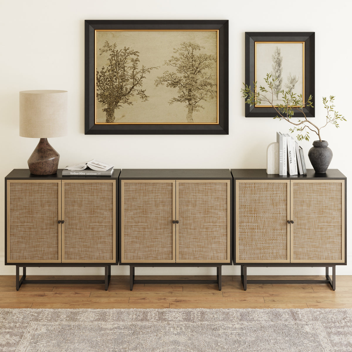Metal and Rattan TV Stand Console for TVs up to 75" Black Oak - Nathan James