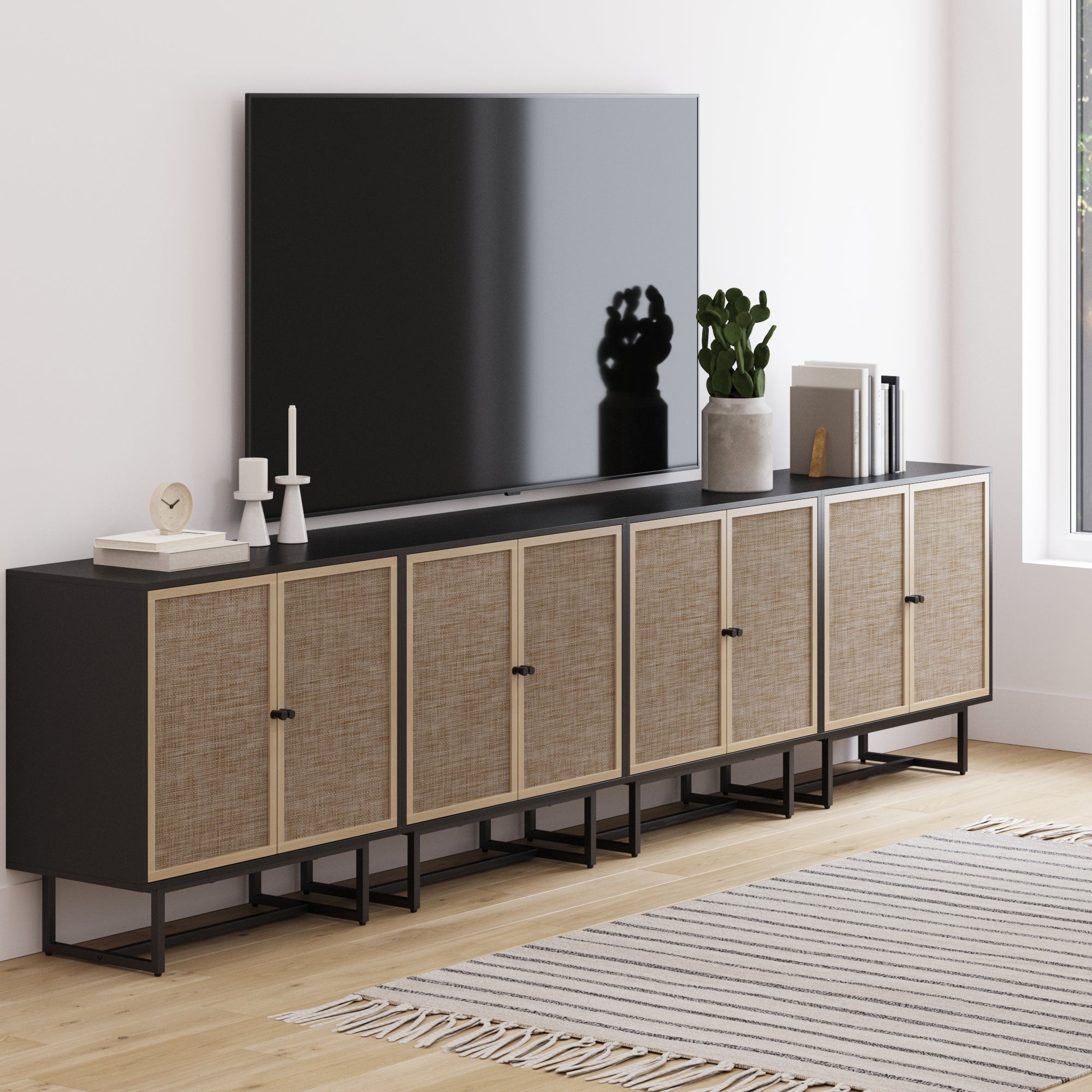 カントリー　アンファン　ウッドボックス Boho Kova Rattan Wood Black Oak Console | Nathan James