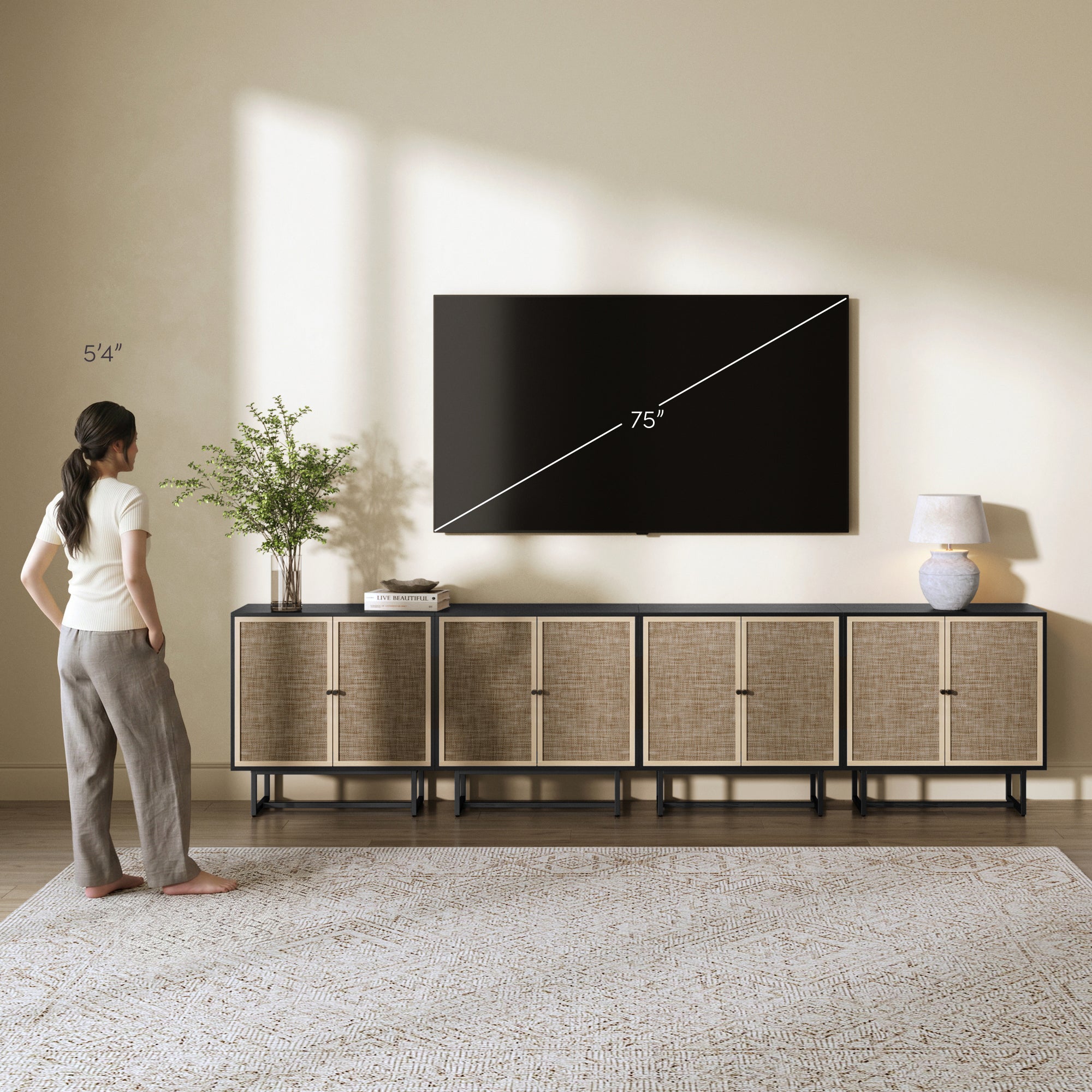 Metal and Rattan TV Stand Console for TVs up to 100" Black Oak - Nathan James