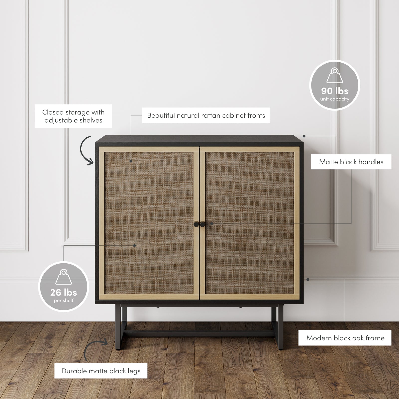 Boho Kova Set of 3 Rattan Wood Black Oak Sideboards | Nathan James