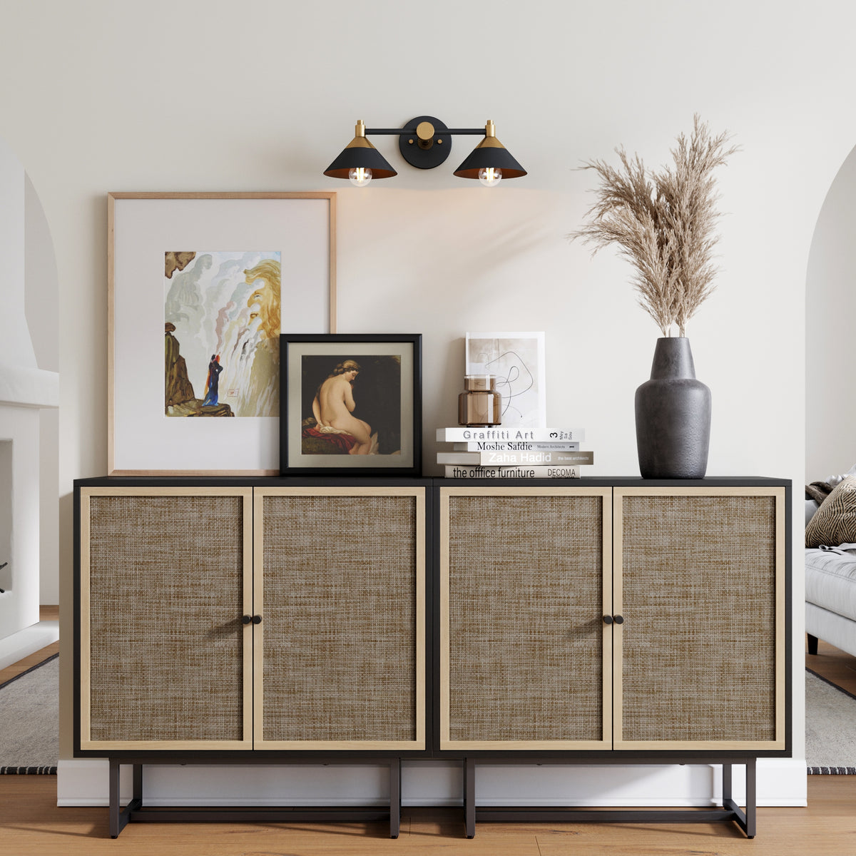 Boho Kova Set of 2 Rattan Wood Black Oak Sideboards | Nathan James