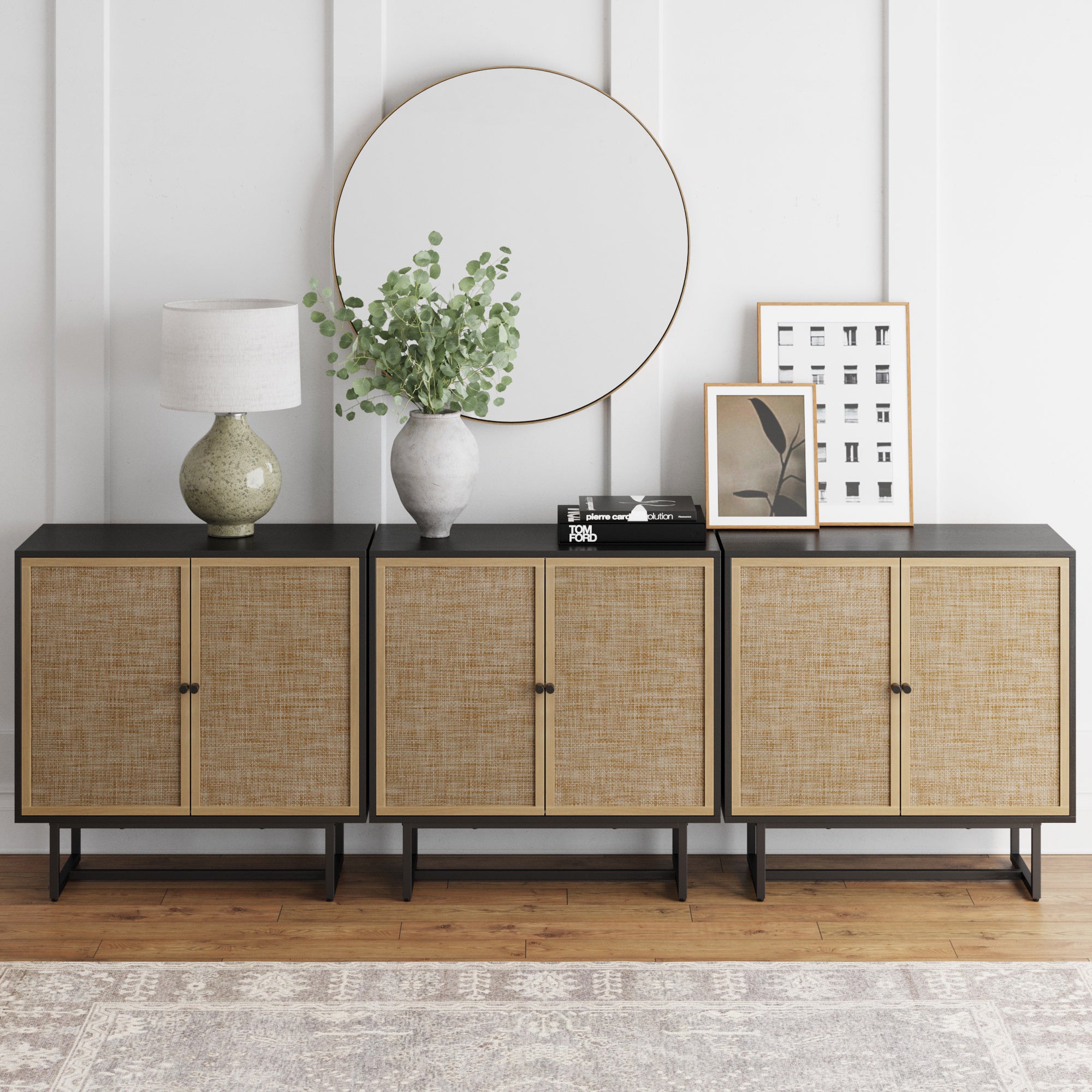 Boho Kova Set of 3 Rattan Wood Black Oak Sideboards | Nathan James