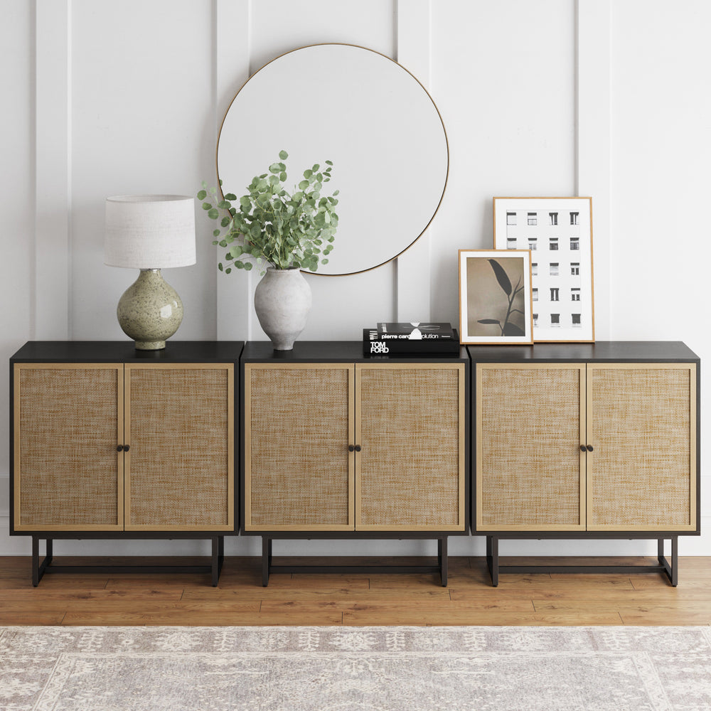 Boho Kova Set of 3 Rattan Wood Black Oak Sideboards | Nathan James