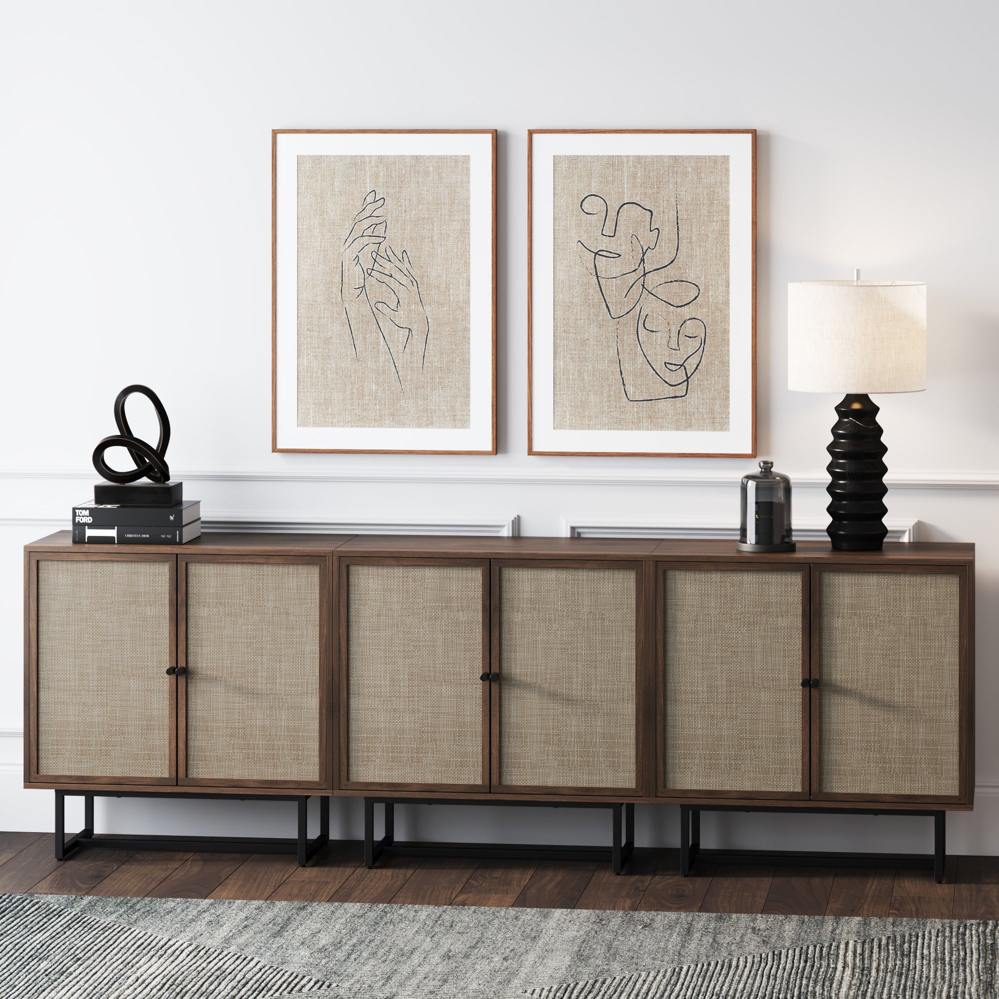 Rattan Storage Cabinet Credenza Walnut (Set of 3)