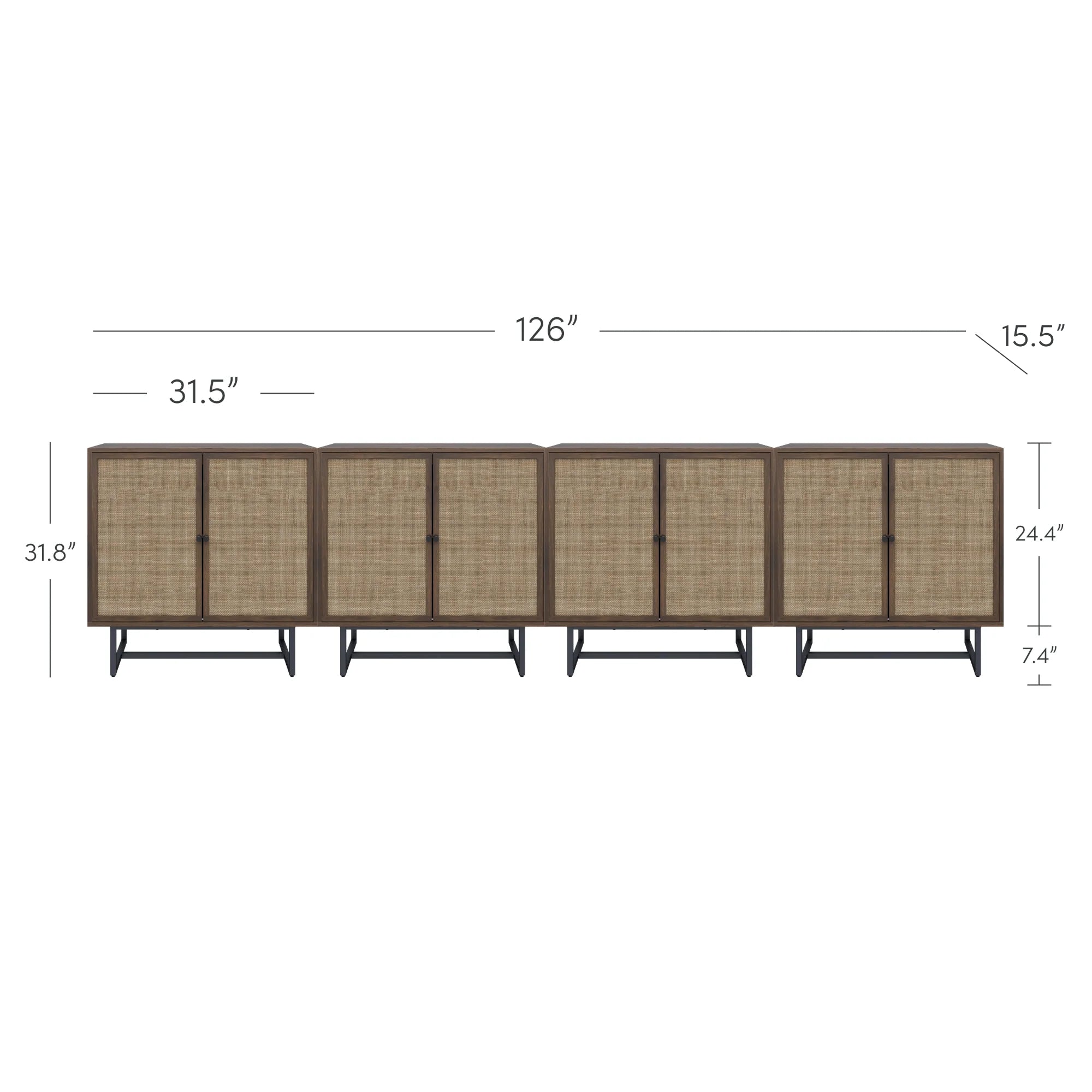 Long sideboard cabinet with five sections, brown wood finish, cane panel doors, and black legs. Dimensions are labeled: 126 wide, 31.8 high, 15.5 deep, with individual sections 31.5 wide and 24.4 high.