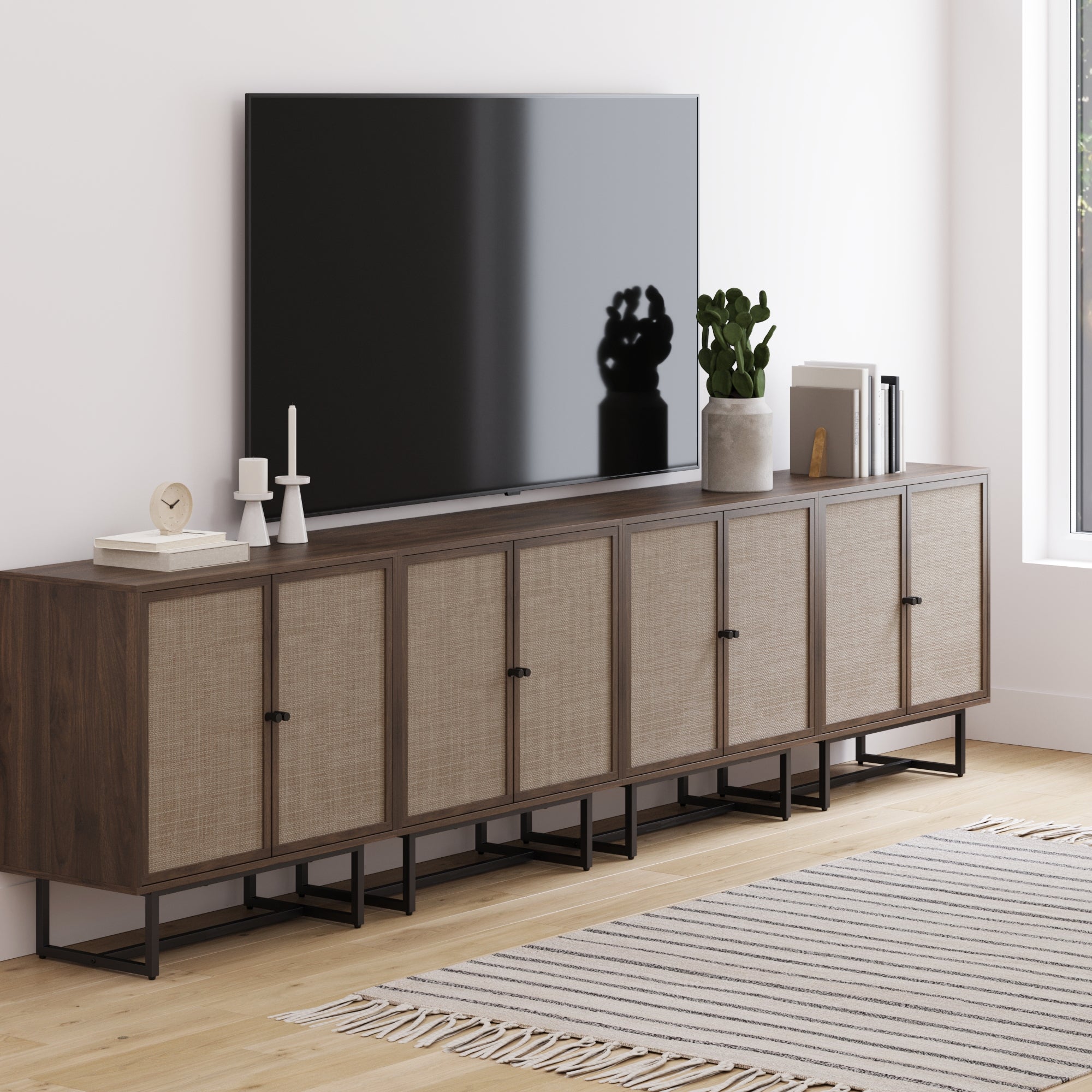 Kova Wood & Rattan Storage Cabinet Walnut Set of 4 | Nathan James