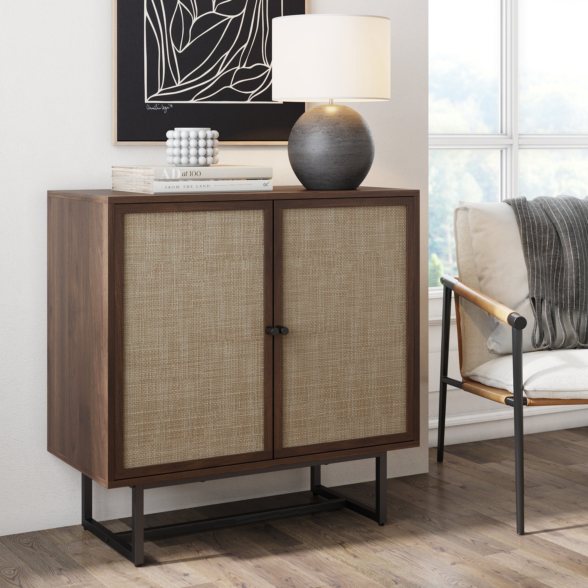 Wood & Rattan Storage Cabinet Walnut