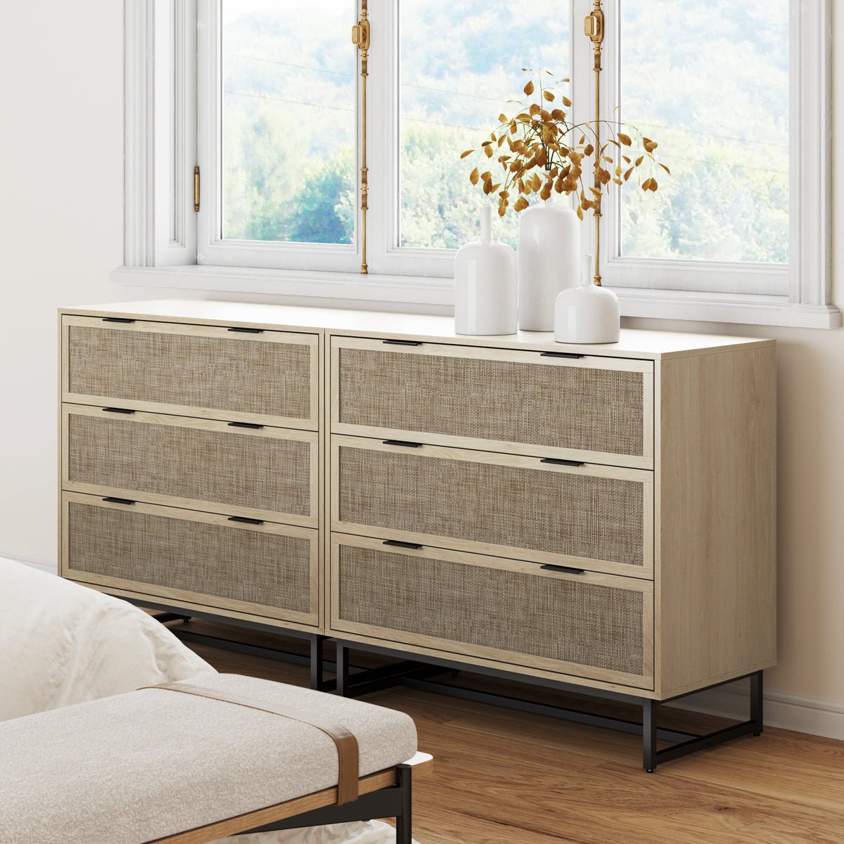 blue dress for baby girl Nathan James Kova 3 Drawer 37 in. W Bohemian Dresser Storage Cabinet with Rattan Accent and Metal Legs, Light Oak/Black