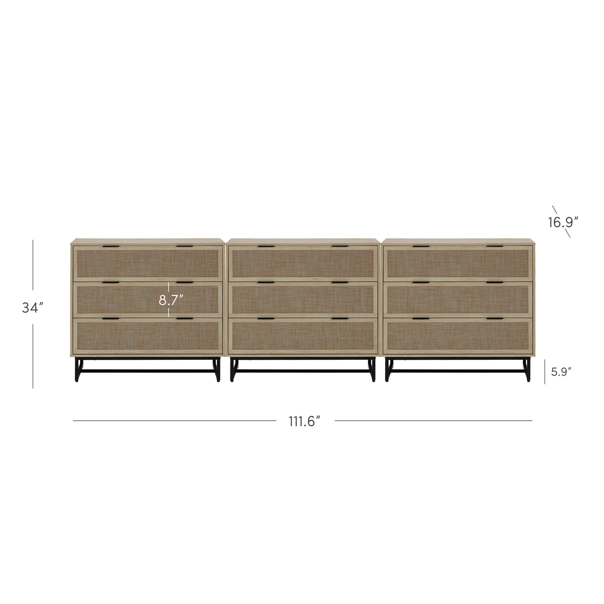 Rattan, Wood & Metal 3-Drawer Large Dresser Oak (Set of 3)