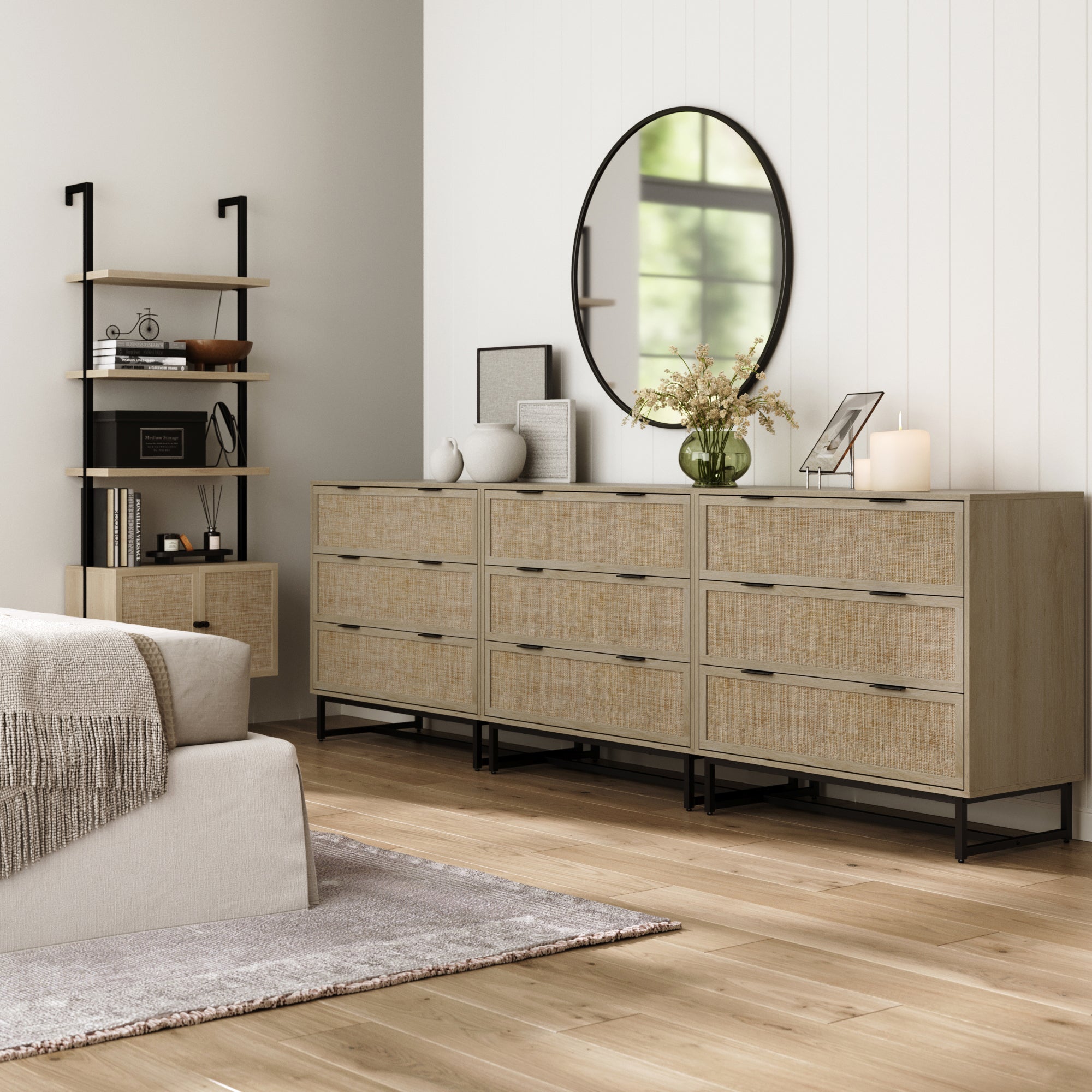 Rattan, Wood & Metal 3-Drawer Large Dresser Oak (Set of 3) - Thumbnail 3