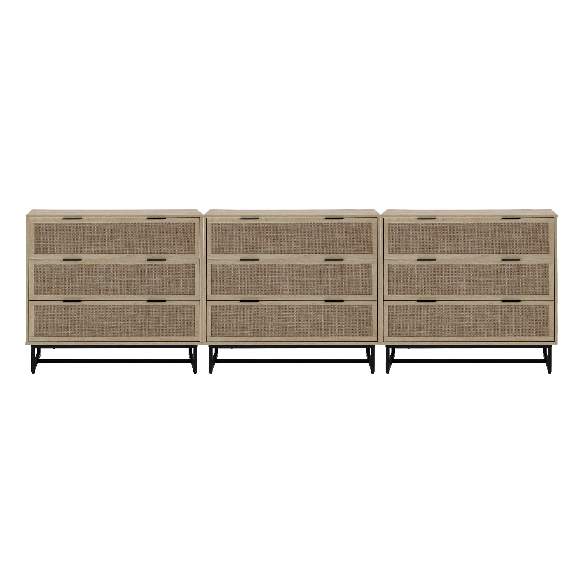 Rattan, Wood & Metal 3-Drawer Large Dresser Oak (Set of 3)