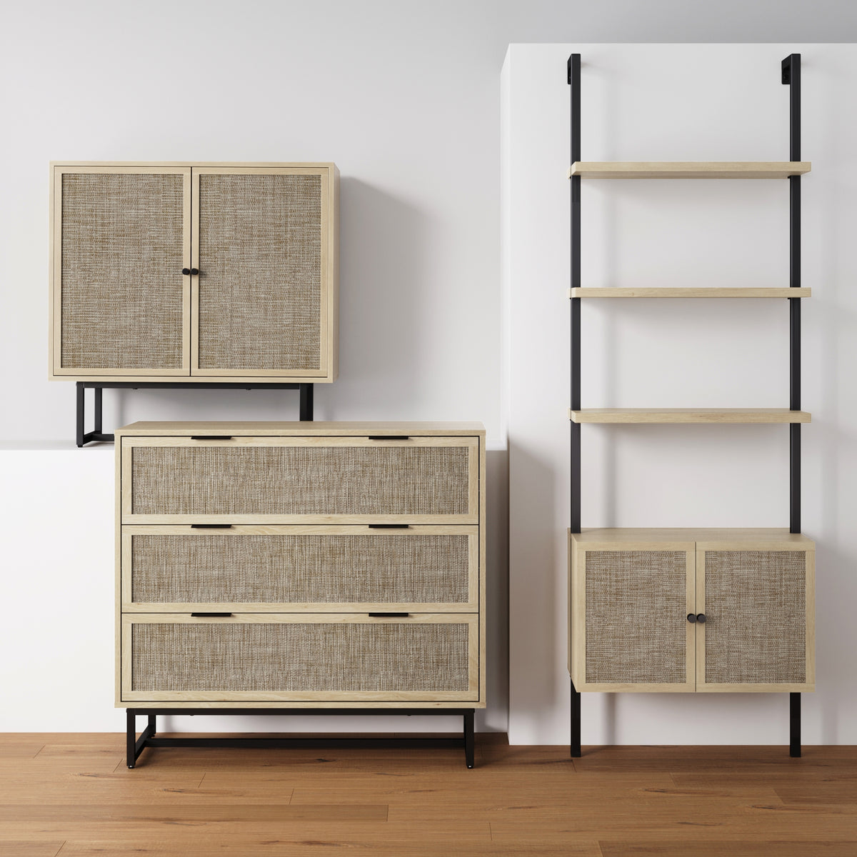 Rattan, Wood & Metal 3-Drawer Large Dresser Oak (Set of 3)
