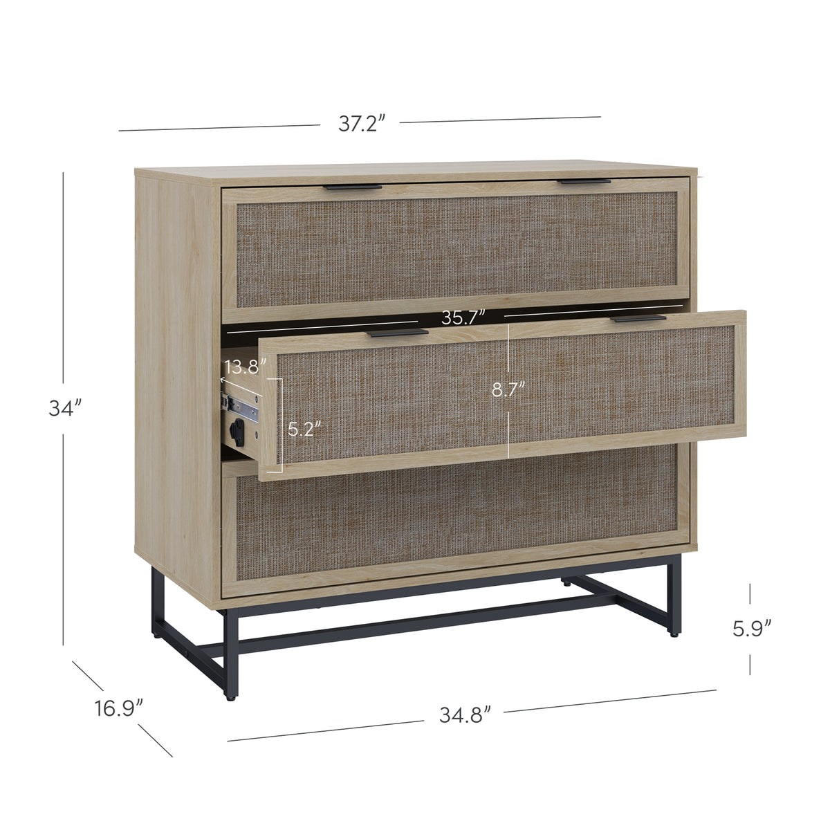 Nathan James Kova 3 Drawer 37 in. W Bohemian Dresser Storage Cabinet with Rattan Accent and Metal Legs, Light Oak/Black