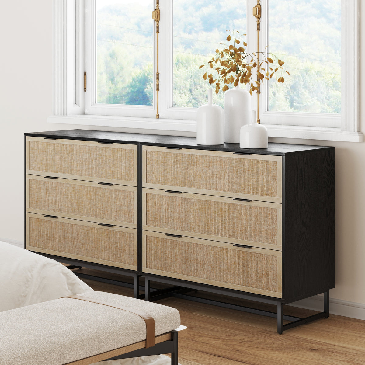 Kova Rattan Wood & Metal Dresser Black Set of 2 | Nathan James
