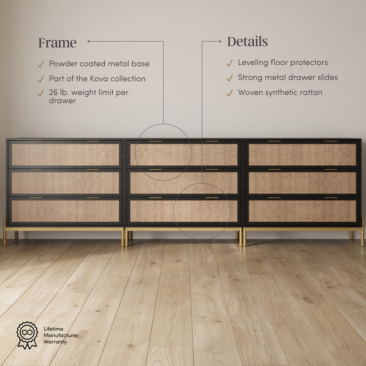 metal dresser base Rattan, Wood & Metal 3-Drawer Dressers Black (Set of 3)