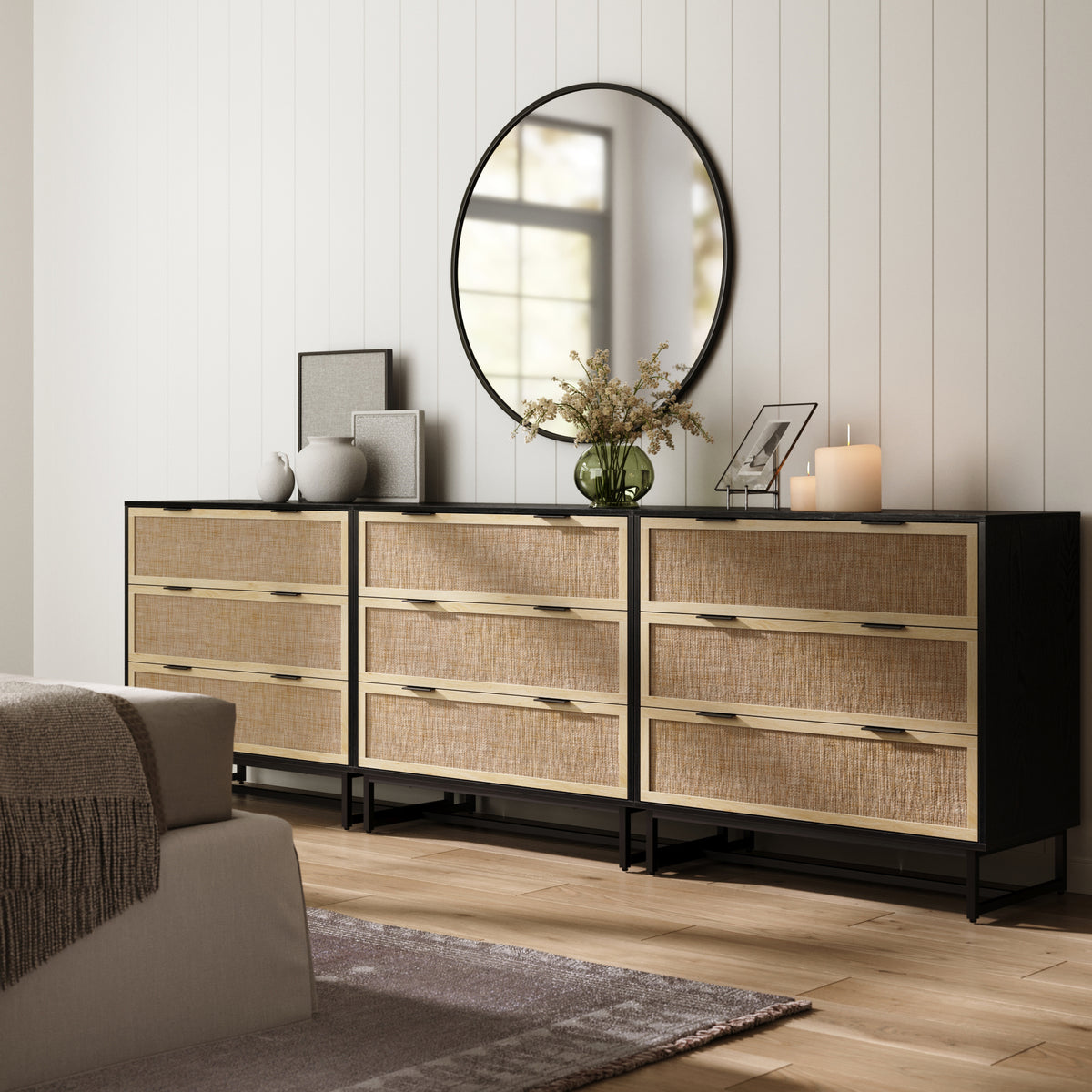 Rattan, Wood & Metal 3-Drawer Dressers Black (Set of 3) Rattan, Wood & Metal 3-Drawer Dressers Black (Set of 3)