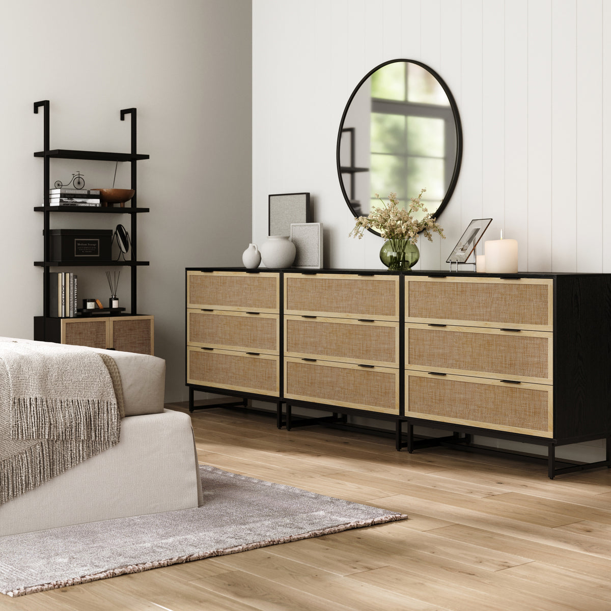 Rattan, Wood & Metal 3-Drawer Dressers Black (Set of 3) Rattan, Wood & Metal 3-Drawer Dressers Black (Set of 3)