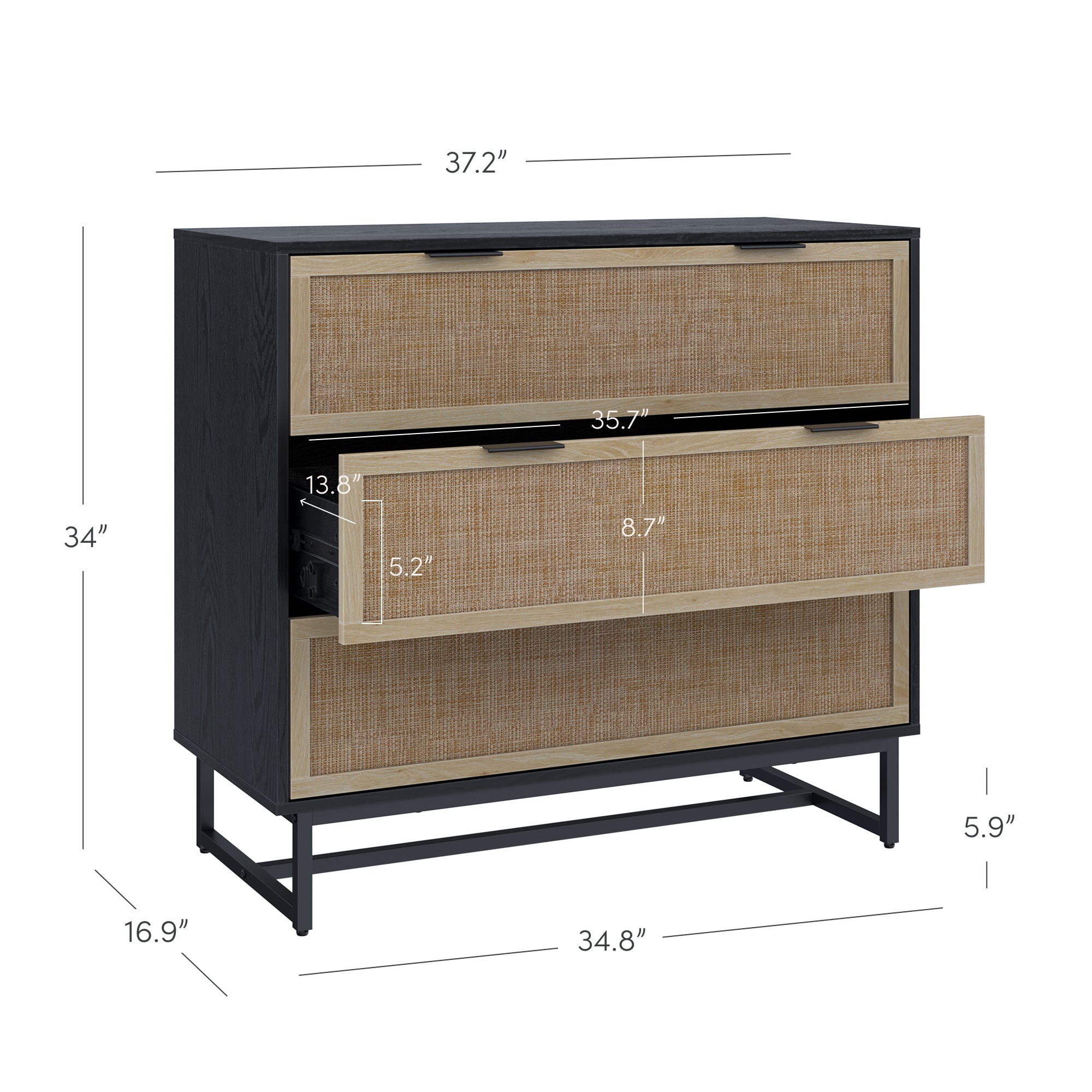 Kova Rattan, Wood & Metal 3-Drawer Dresser Black | Nathan James