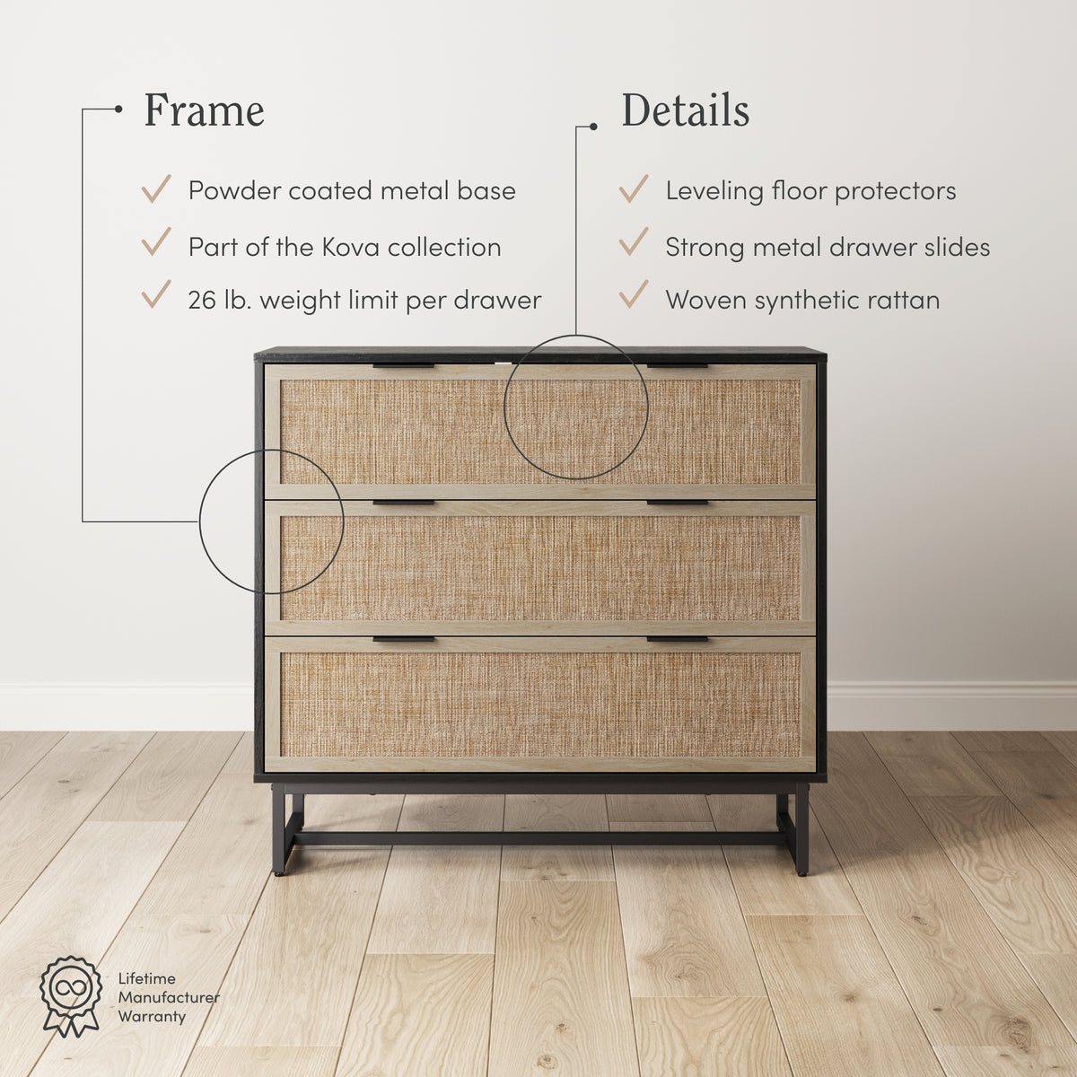 Kova Dresser Rattan Wood Black Set of 2