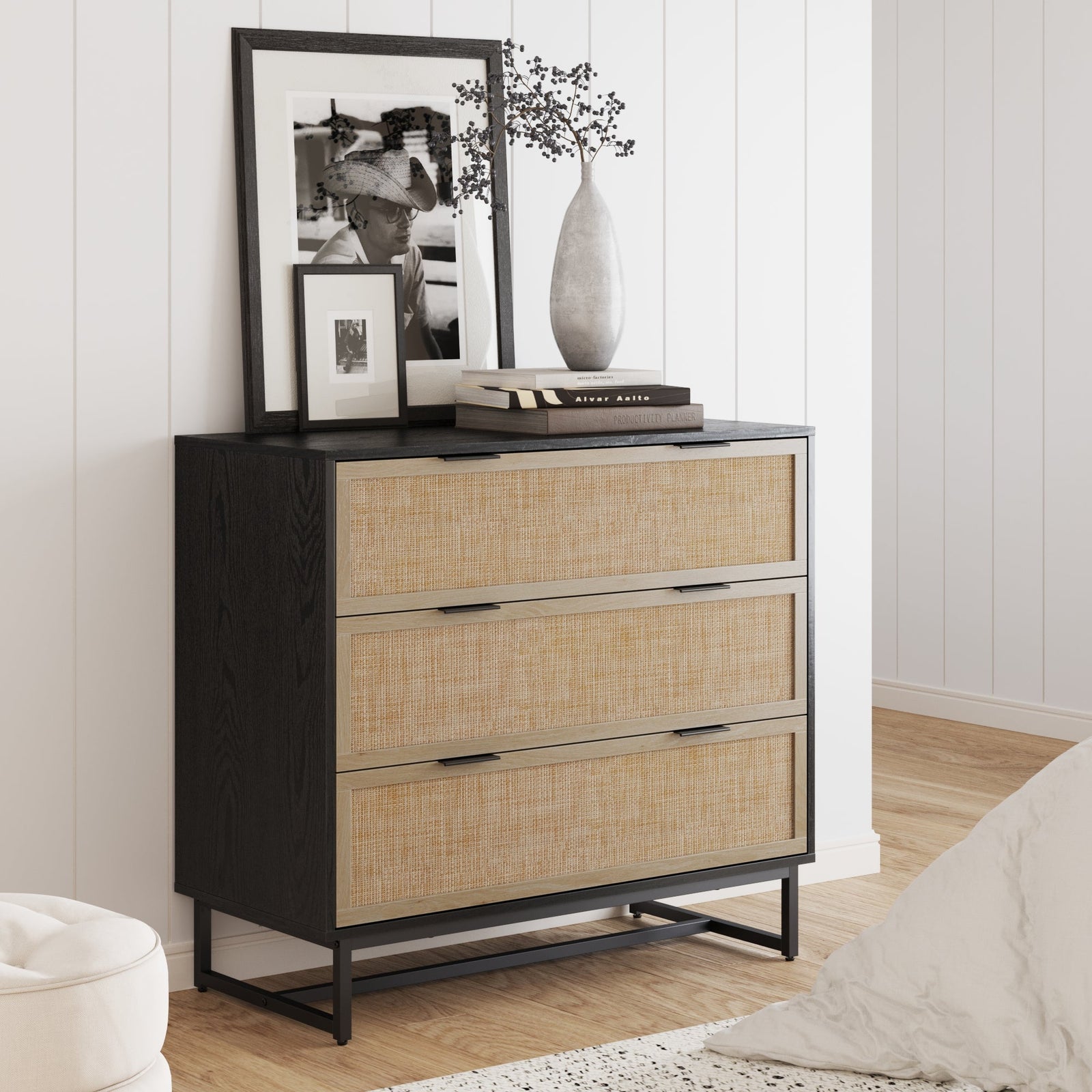 Kova Rattan, Wood & Metal 3-Drawer Dresser Black