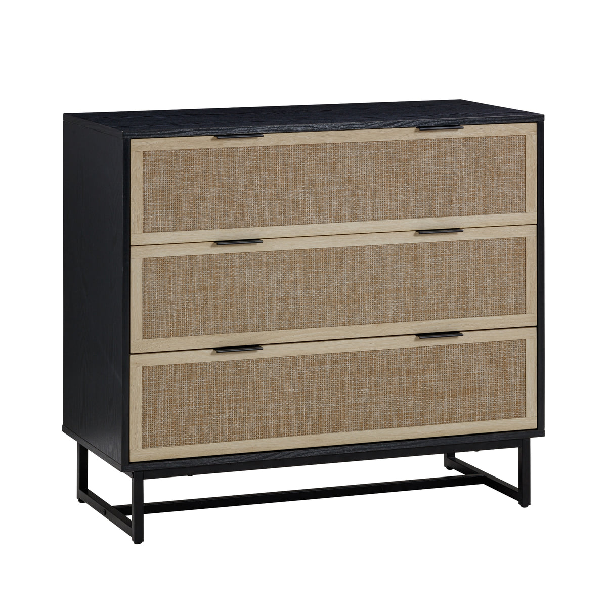 Nathan James Kova Black Oak Bohemian 3-Drawer Dresser with Rattan Accent and Metal Legs, 37 in. Chest of Drawers