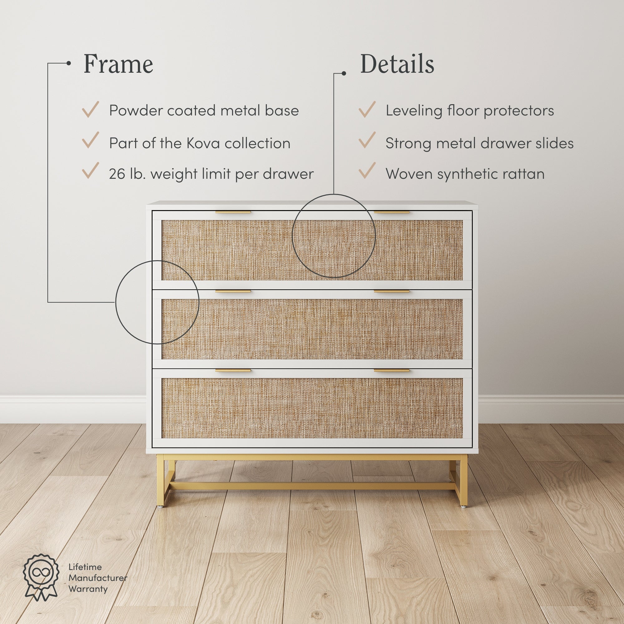 Kova Dresser Rattan Wood White 3-Drawer | Nathan James