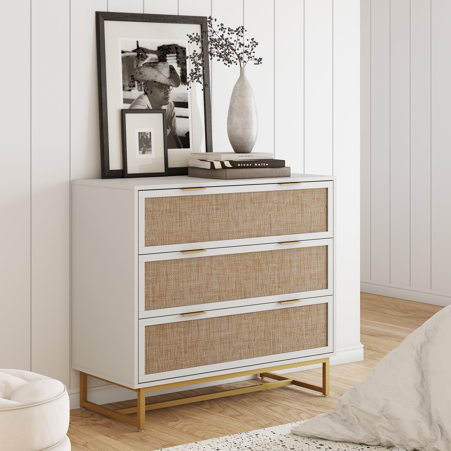 Kova Dresser Rattan Wood White 3-Drawer