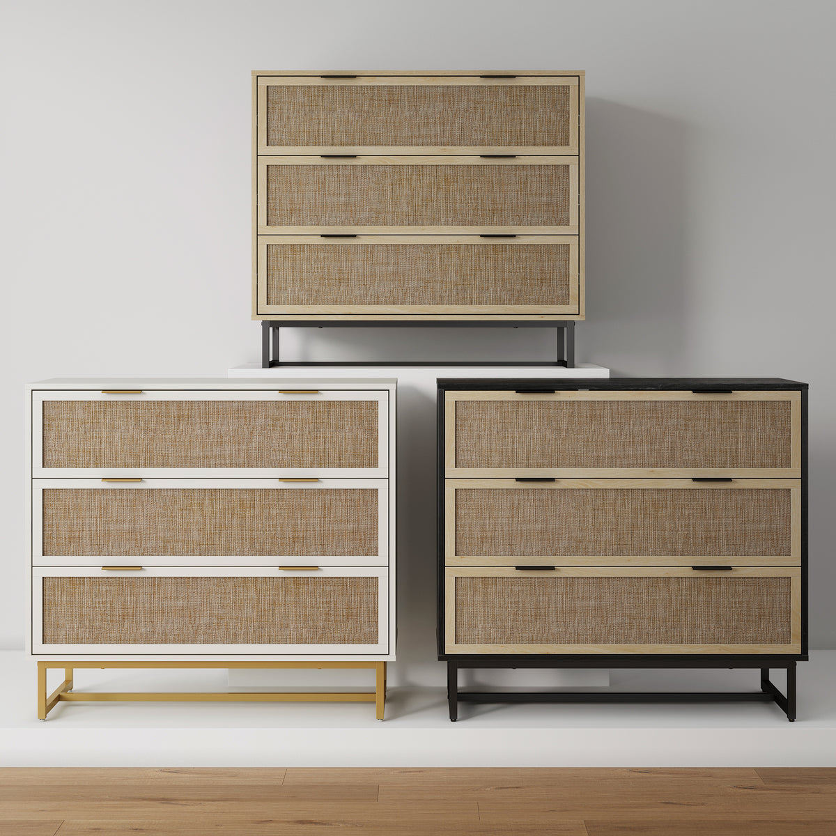 Rattan, Wood & Metal 3-Drawer Dressers Black (Set of 2) Rattan, Wood & Metal 3-Drawer Dressers Black (Set of 2)