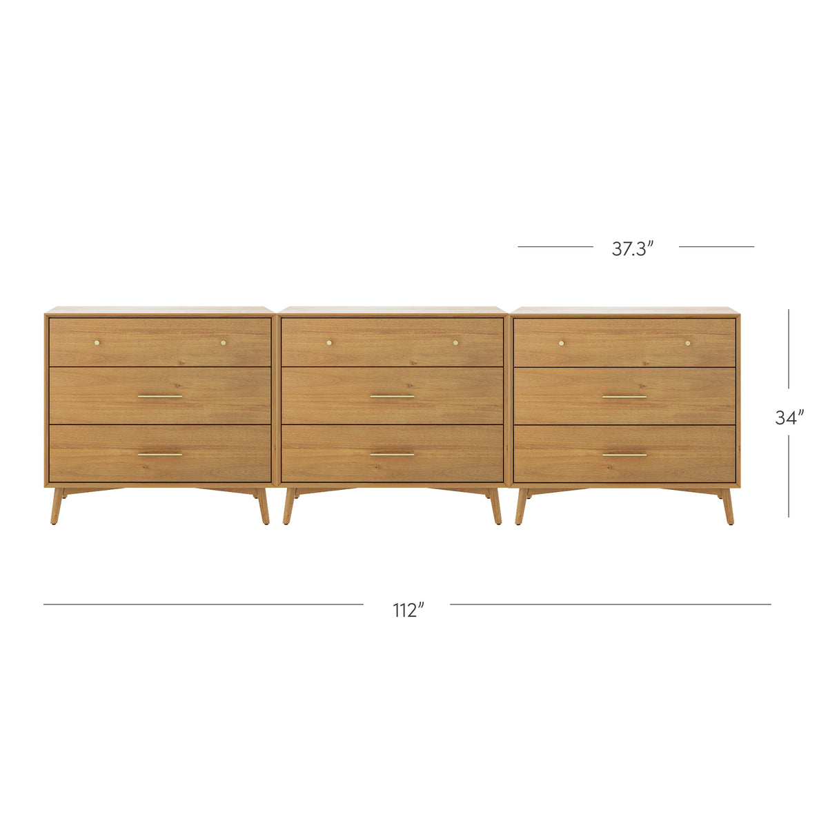 Mid-Century Modern Acacia 3 Drawer Dresser Set of 3