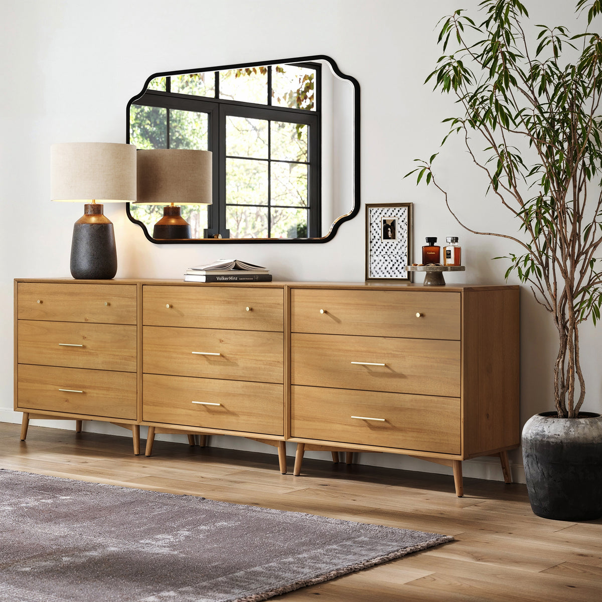 Mid-Century Modern Acacia 3 Drawer Dresser Set of 3