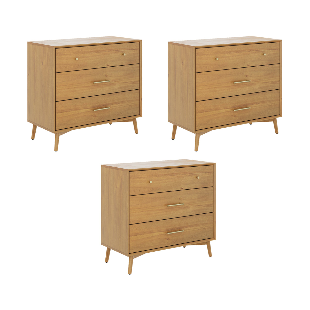 Mid-Century Modern Acacia 3 Drawer Dresser Set of 3 Mid-Century Modern Acacia 3 Drawer Dresser Set of 3