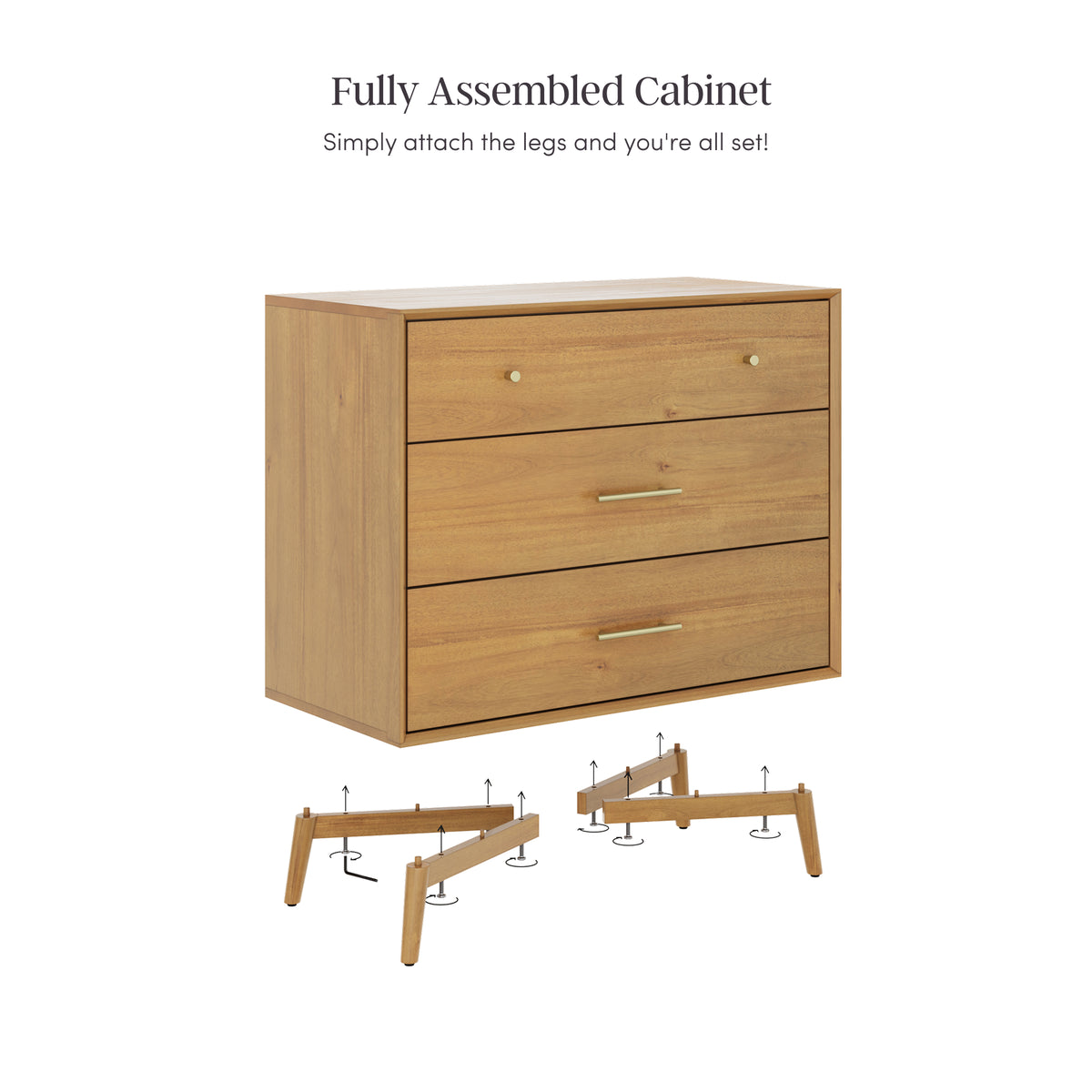 Mid-Century Modern Acacia 3 Drawer Dresser Set of 3