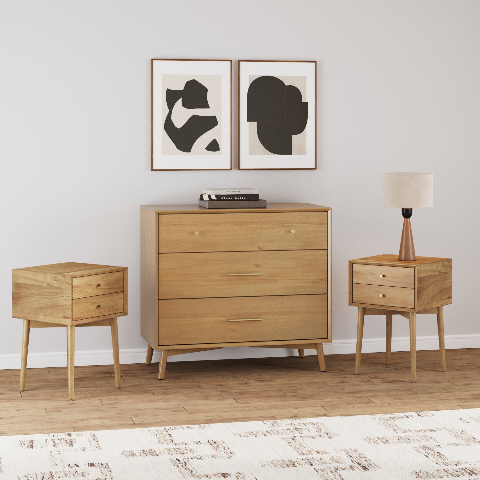Wood Bedroom Set with Dresser and 2 Nightstands Light Acacia - Thumbnail 3