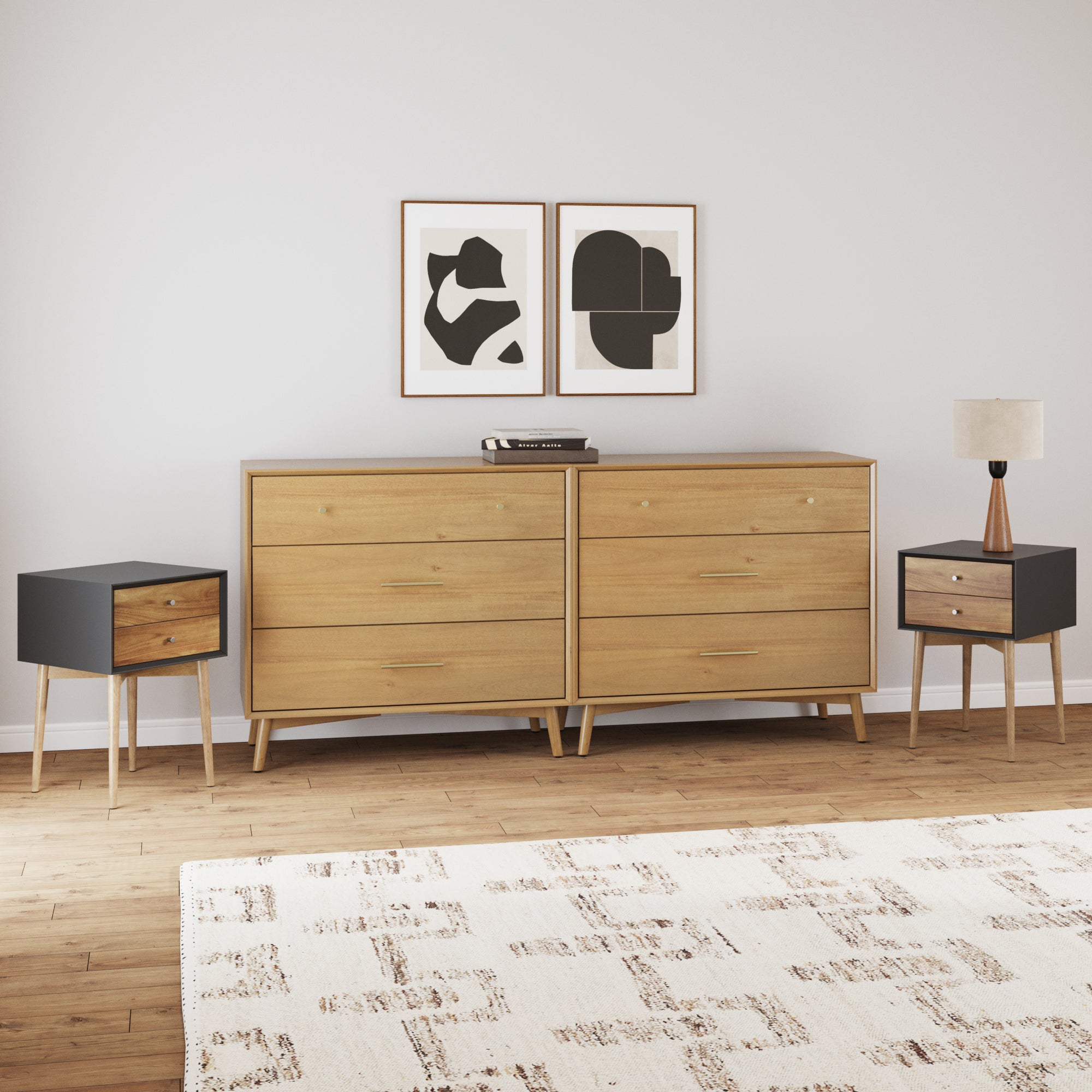 Wooden 2 Dressers and 2 Nightstands Set Light Acacia/Black