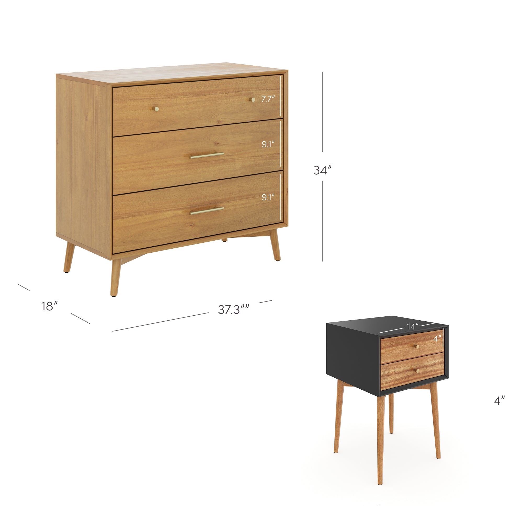 Wooden Dresser and 2 Nightstands Set Light Acacia/Black - Thumbnail 4