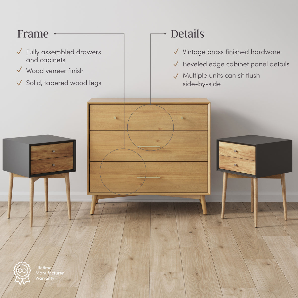 Wooden Dresser and 2 Nightstands Set Light Acacia/Black Wooden Dresser and 2 Nightstands Set Light Acacia/Black