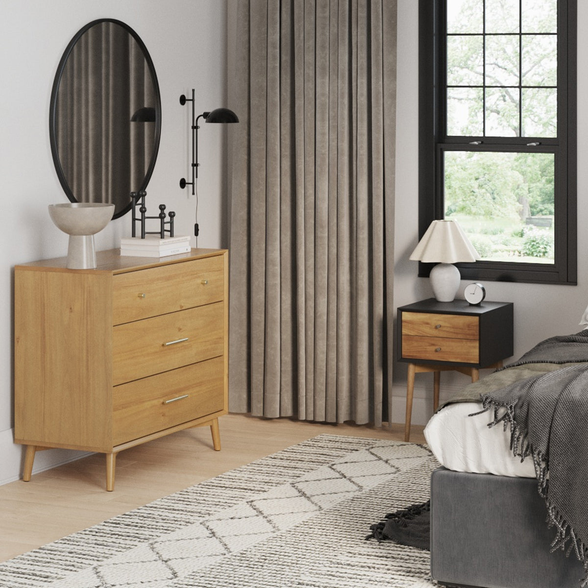 Wooden Dresser and 2 Nightstands Set Light Acacia/Black Wooden Dresser and 2 Nightstands Set Light Acacia/Black