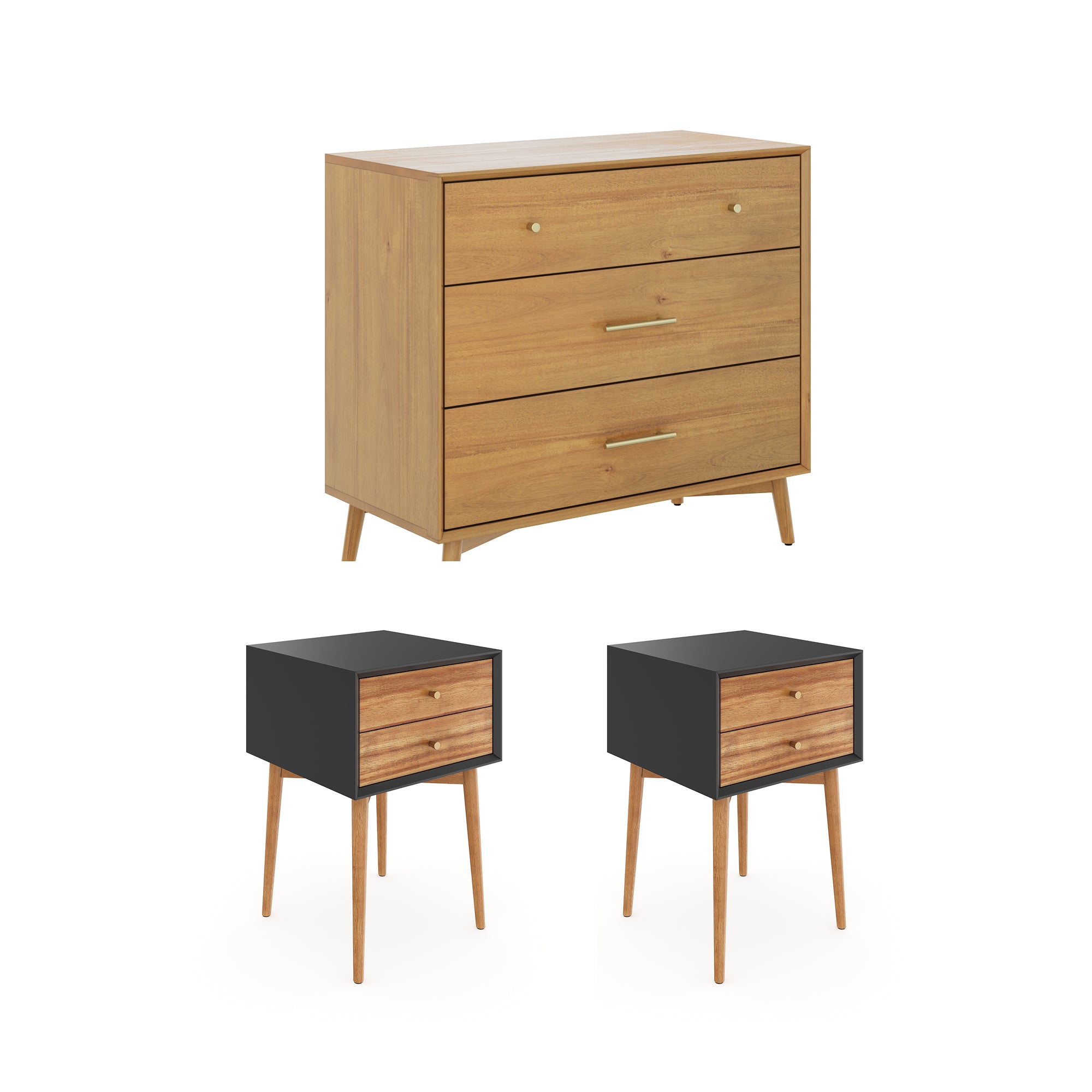 Wooden Dresser and 2 Nightstands Set Light Acacia/Black - Thumbnail 2