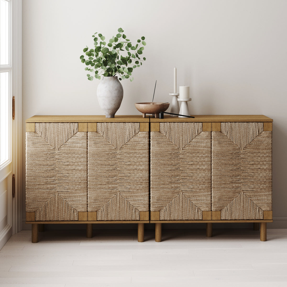 Beacon Wood Set of 2 Brown Sideboards & Seagrass Doors Nathan James