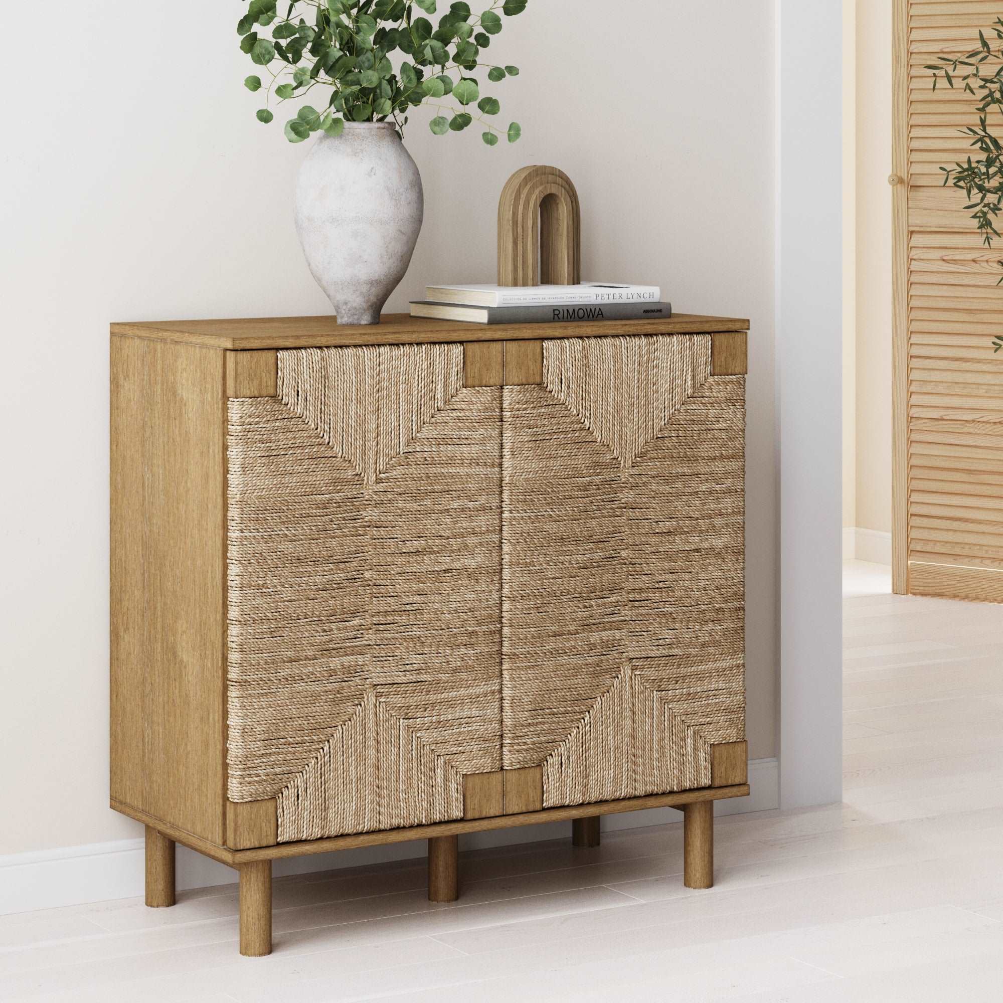 Wood & Seagrass 2-Door Storage Cabinet Brushed Light Brown-Seagrass