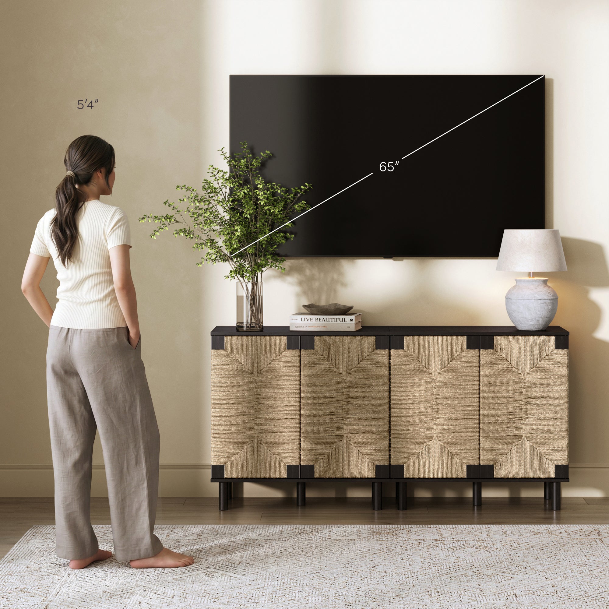 Wood TV Console for TVs up to 65" with Seagrass Doors Brushed Black - Nathan James