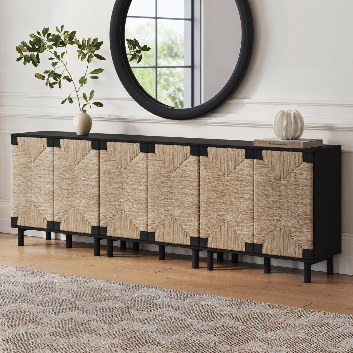Wood TV Console for TVs up to 75" with Seagrass Doors Brushed Black - Nathan James