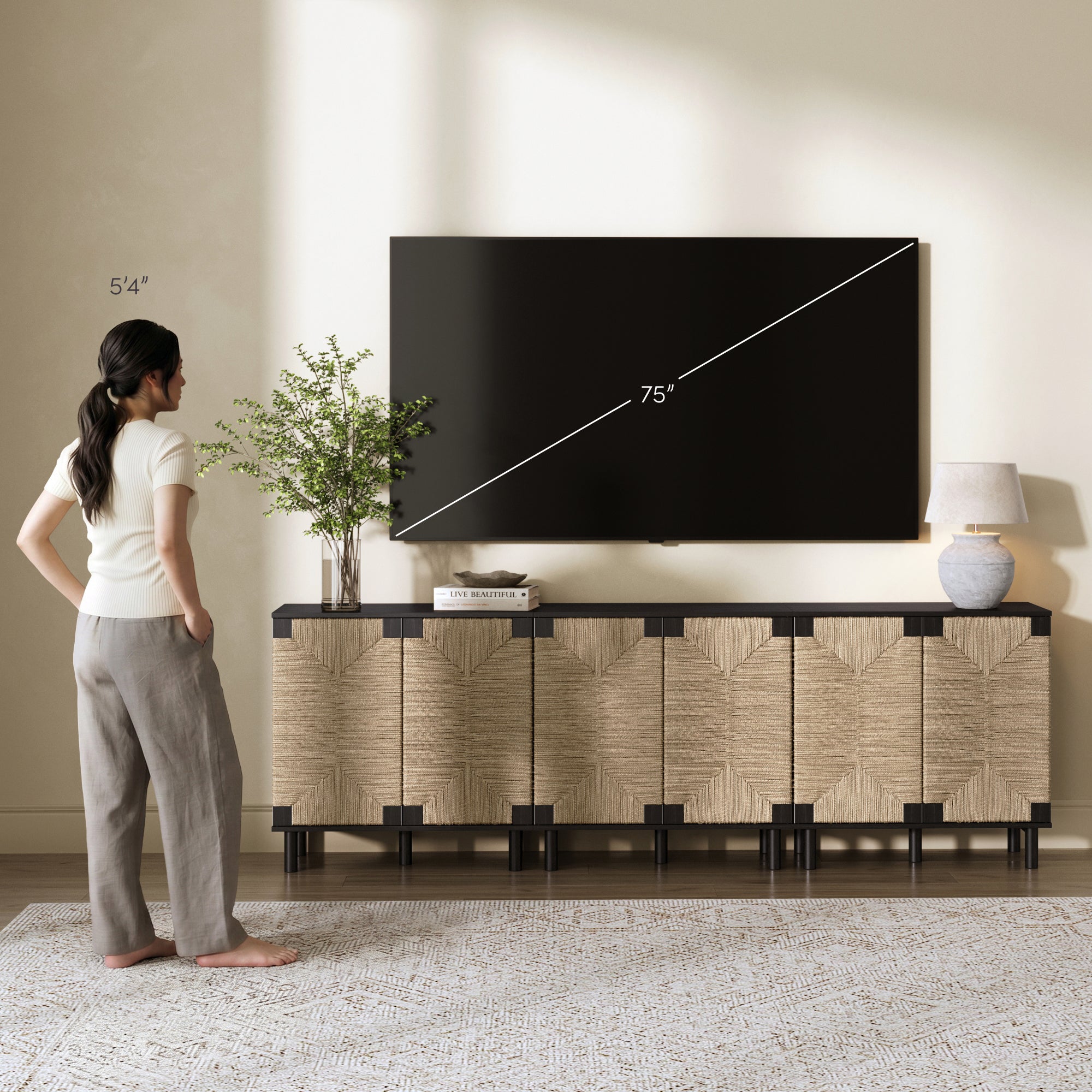 Wood TV Console for TVs up to 75" with Seagrass Doors Brushed Black - Nathan James