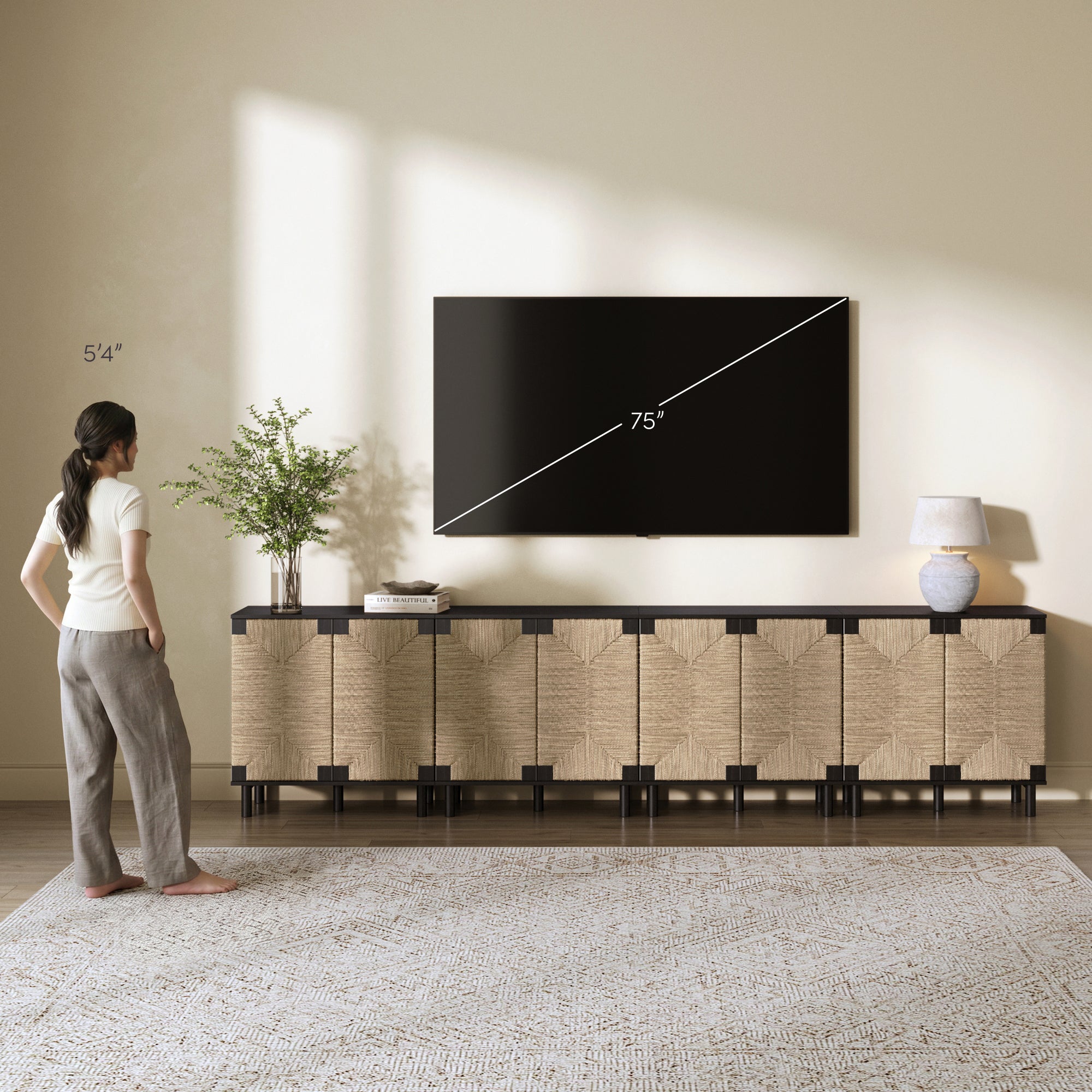 Wood TV Console for TVs up to 100" with Seagrass Doors Brushed Black - Nathan James